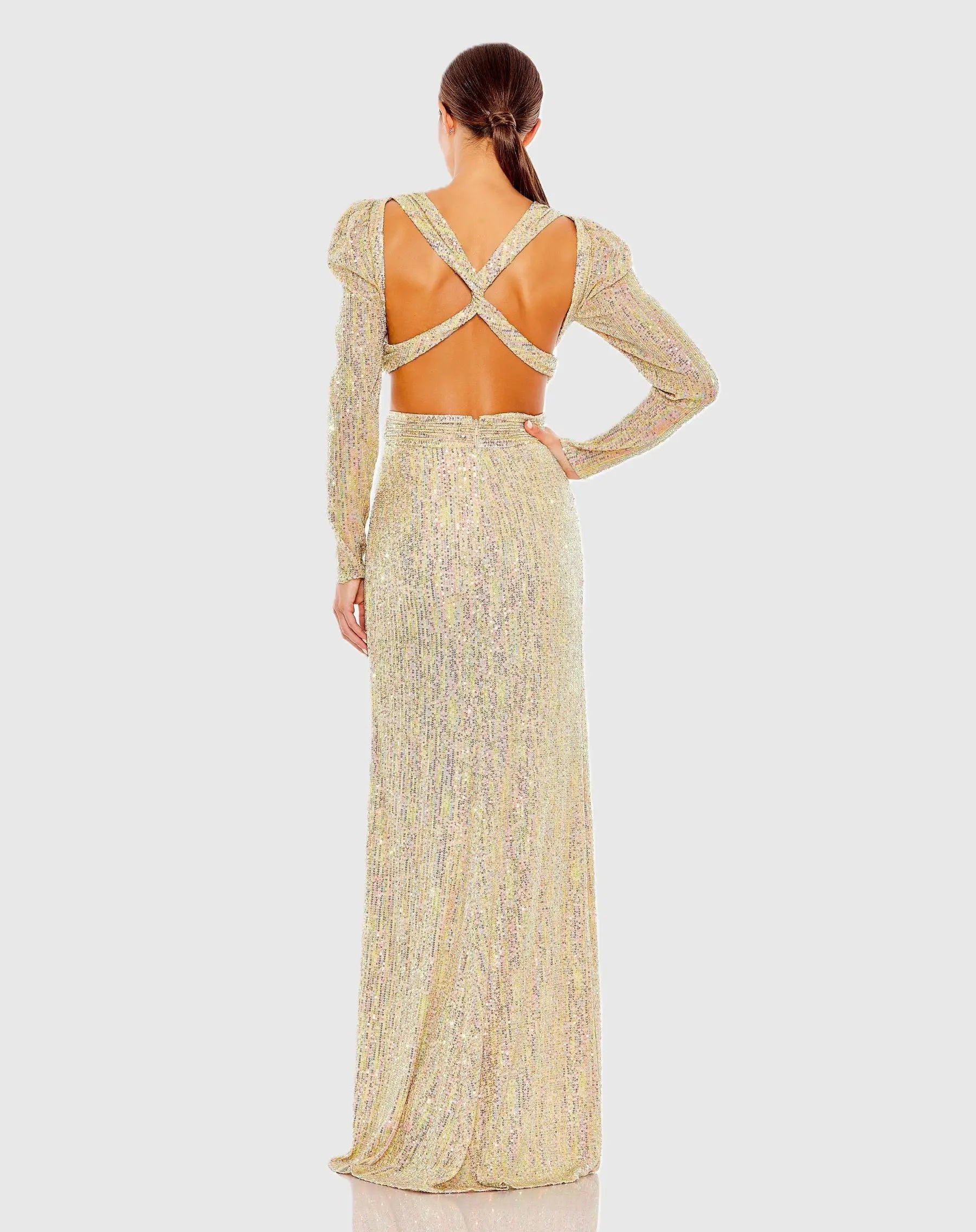 Gold Metallic Puff Sleeve Front Twist Cut Out Gown - Ieena for Mac Duggal