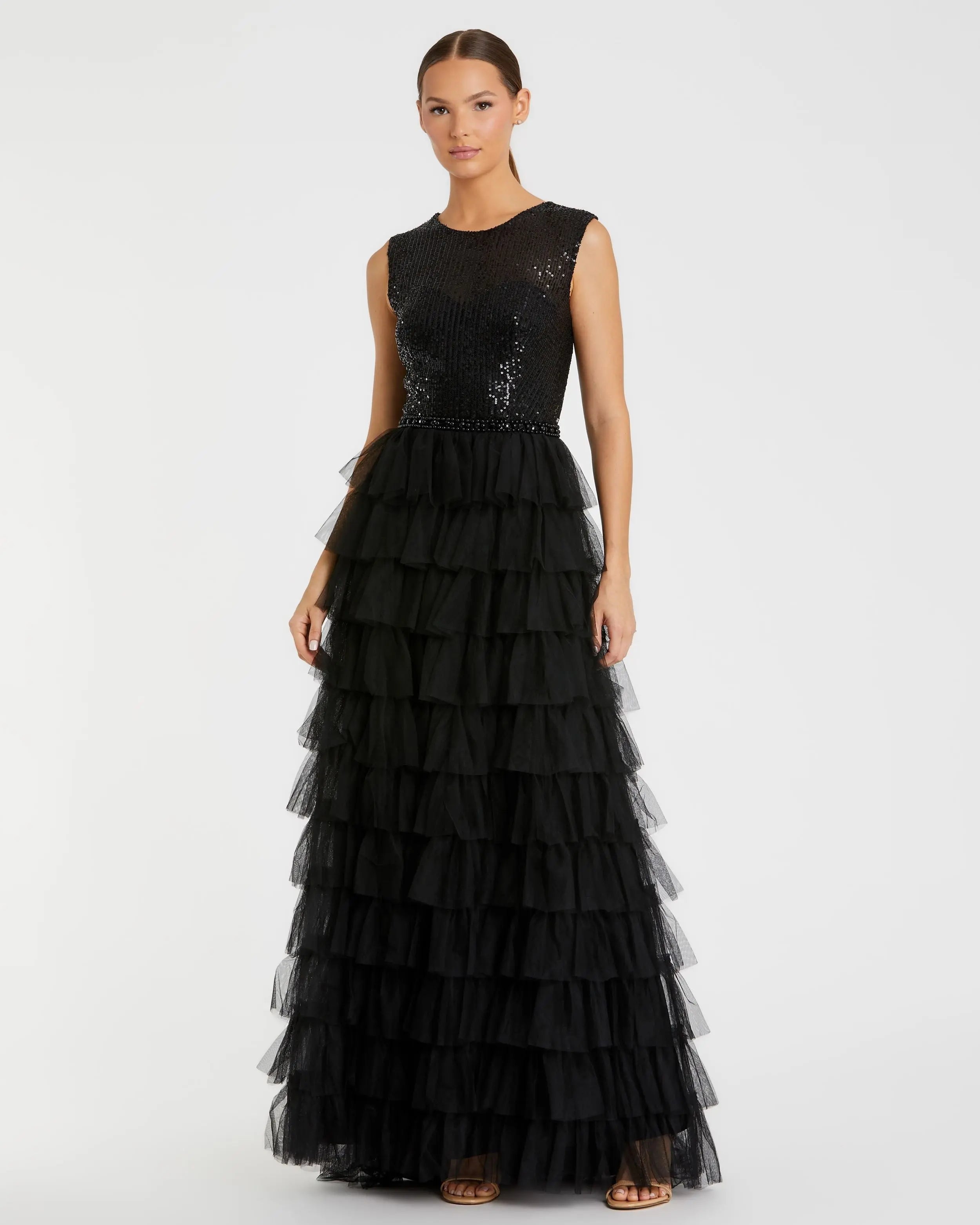 Black Ruffle Tiered High Neck Sequined Gown- Mac Duggal