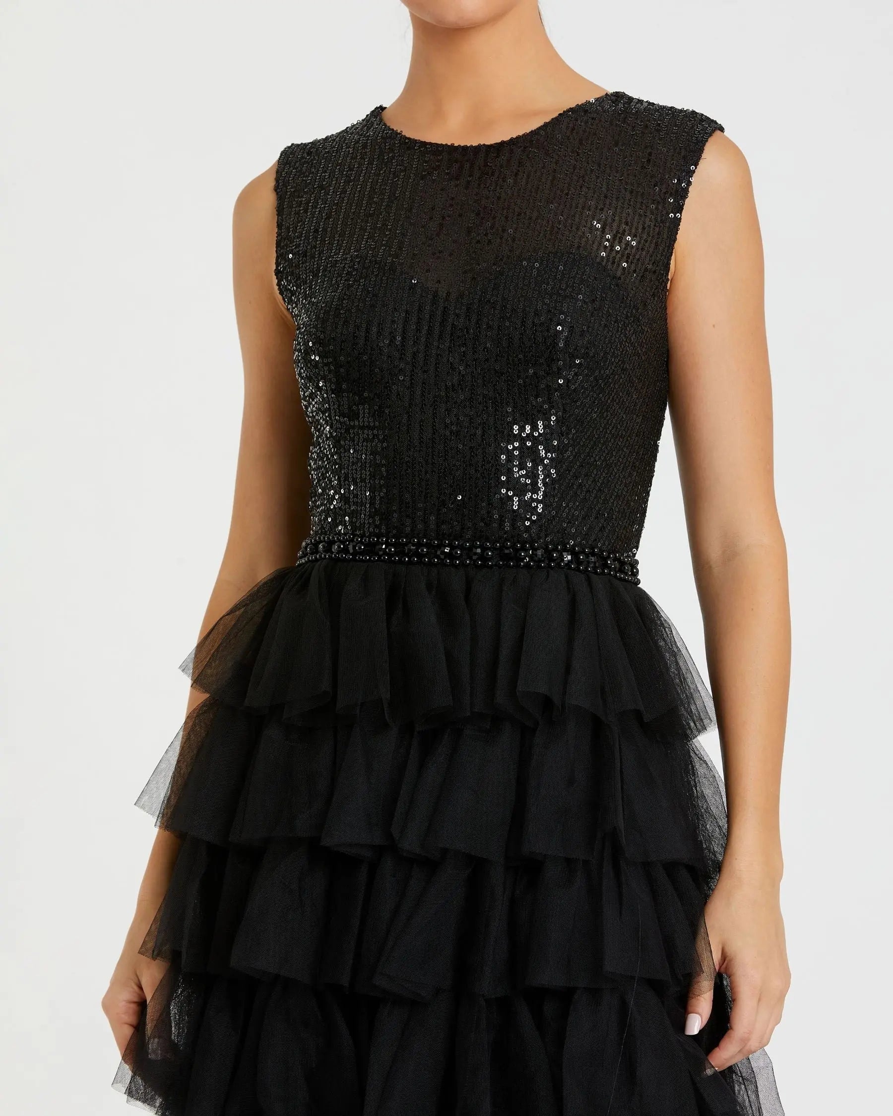 Black Ruffle Tiered High Neck Sequined Gown | Mac Duggal Black Ruffle Tiered High Neck Sequined Gown | Mac Duggal