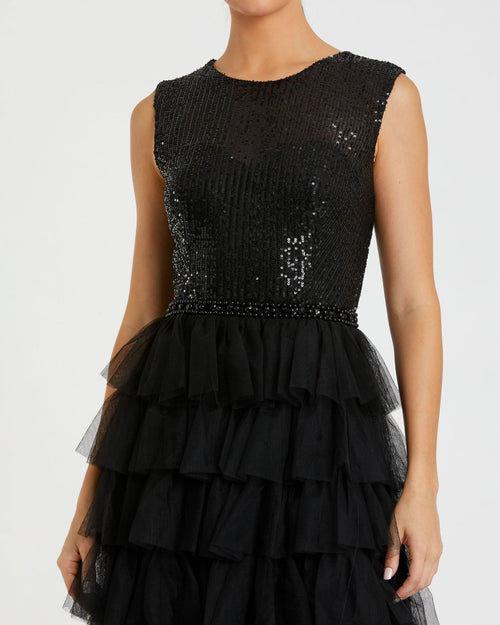 Ruffle Tiered Sequin High Neck Gown