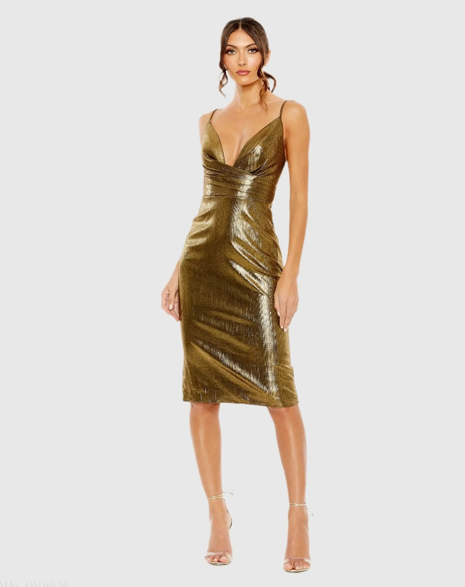 Gold Metallic V Neck Midi Dress - Ieena for Mac Duggal