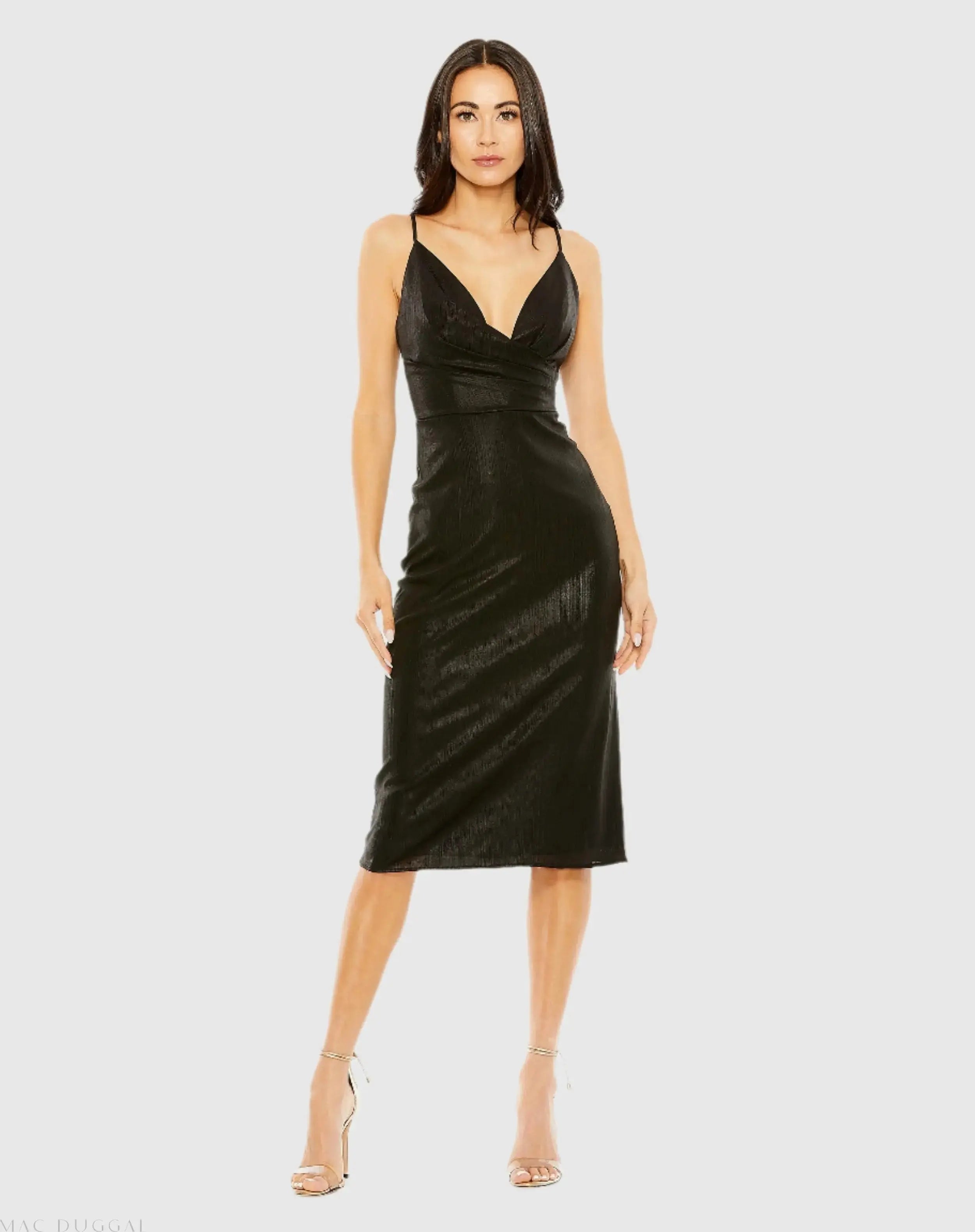 Black Metallic V Neck Midi Dress - Ieena for Mac Duggal