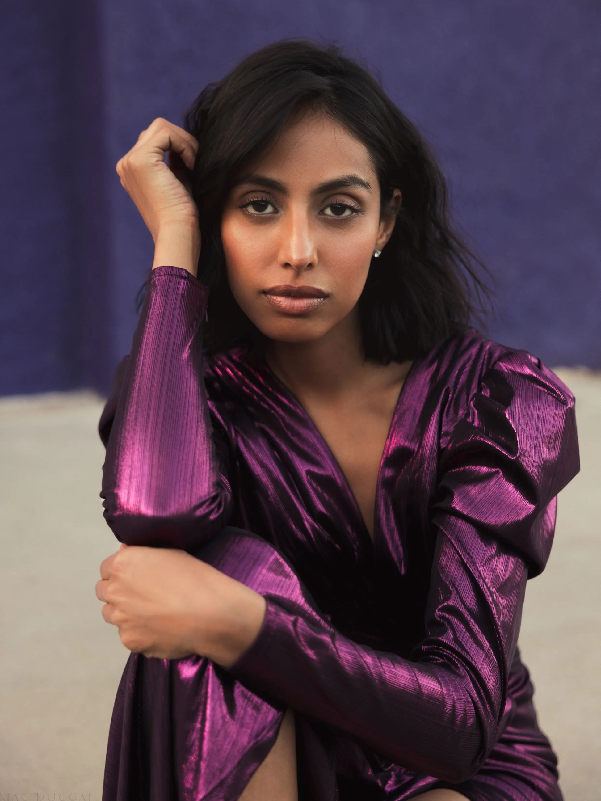 Purple Princess Sleeve Cut Out Metallic Gown - Ieena for Mac Duggal