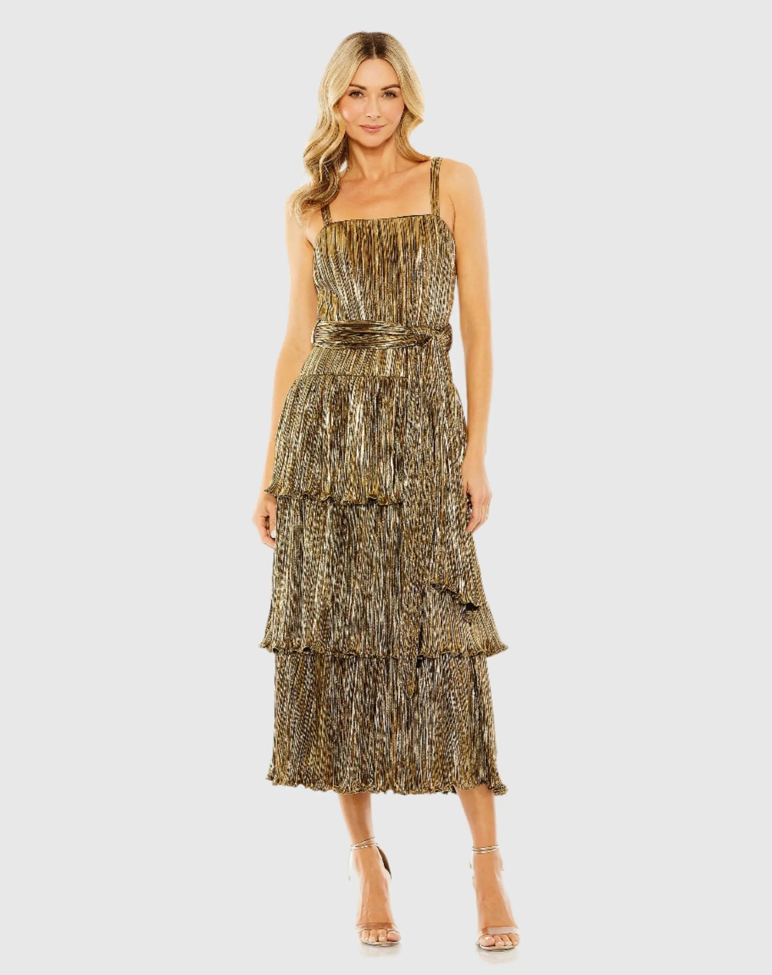 Dark Gold Ruffle Tiered Buckle Detail Dress - Mac Duggal