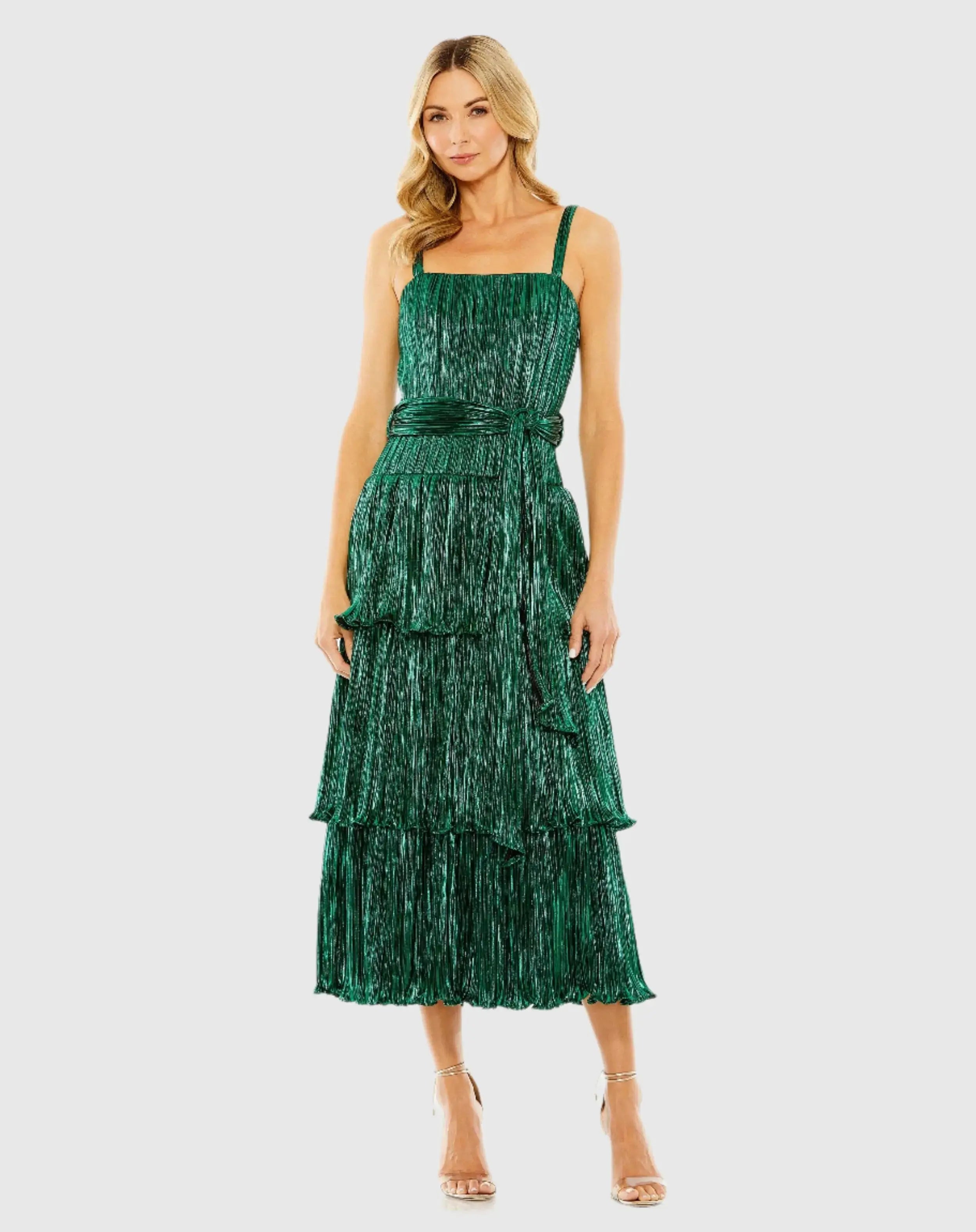 Green Ruffle Tiered Buckle Detail Dress - Mac Duggal