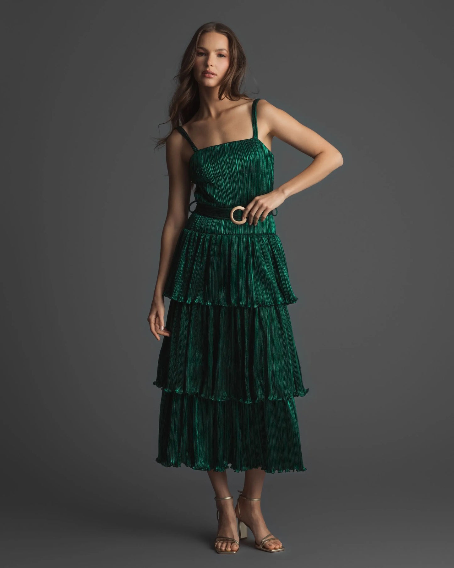 Green Ruffle Tiered Buckle Detail Dress - Mac Duggal