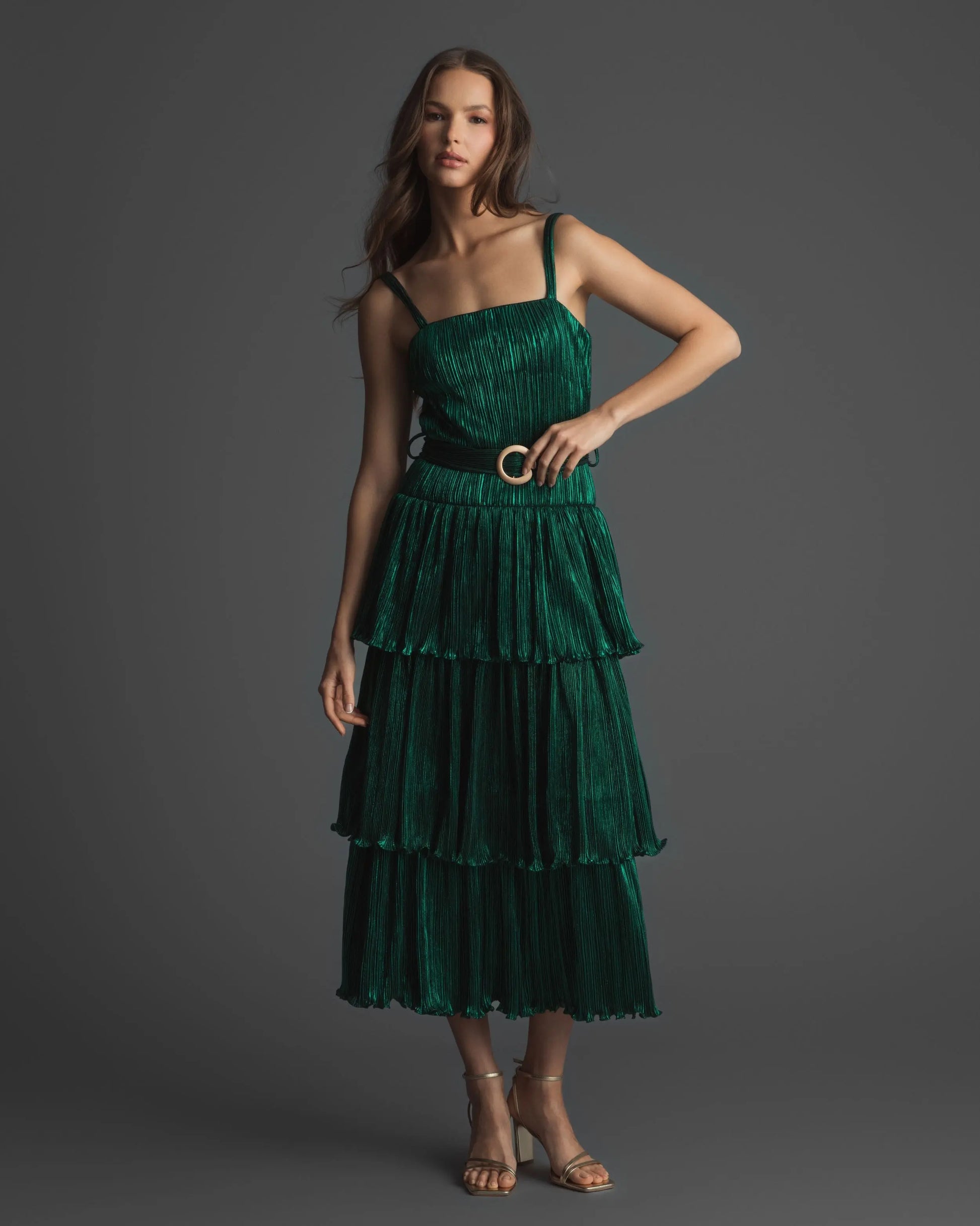 Green Ruffle Tiered Buckle Detail Dress - Mac Duggal