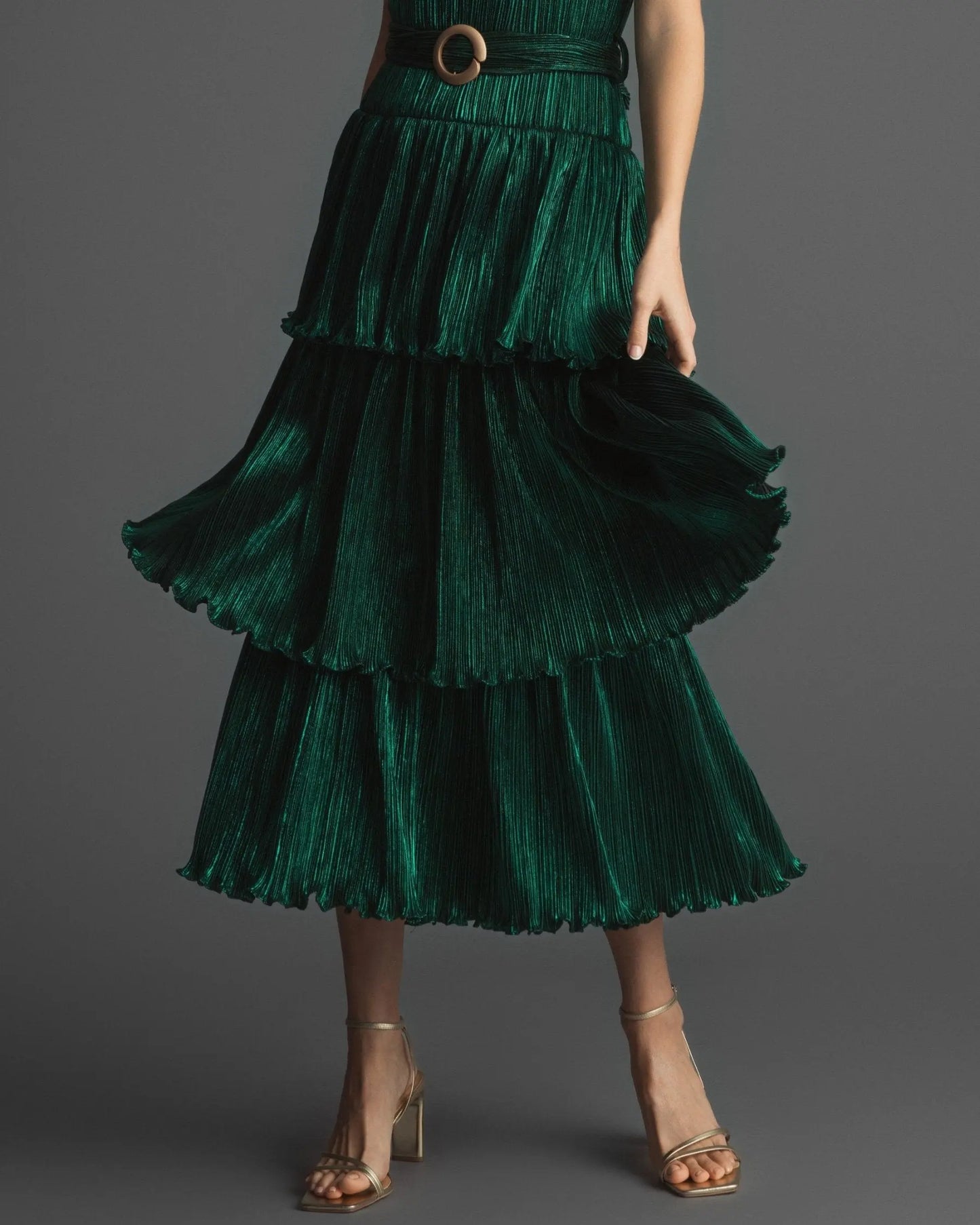 Green Ruffle Tiered Buckle Detail Dress - Mac Duggal