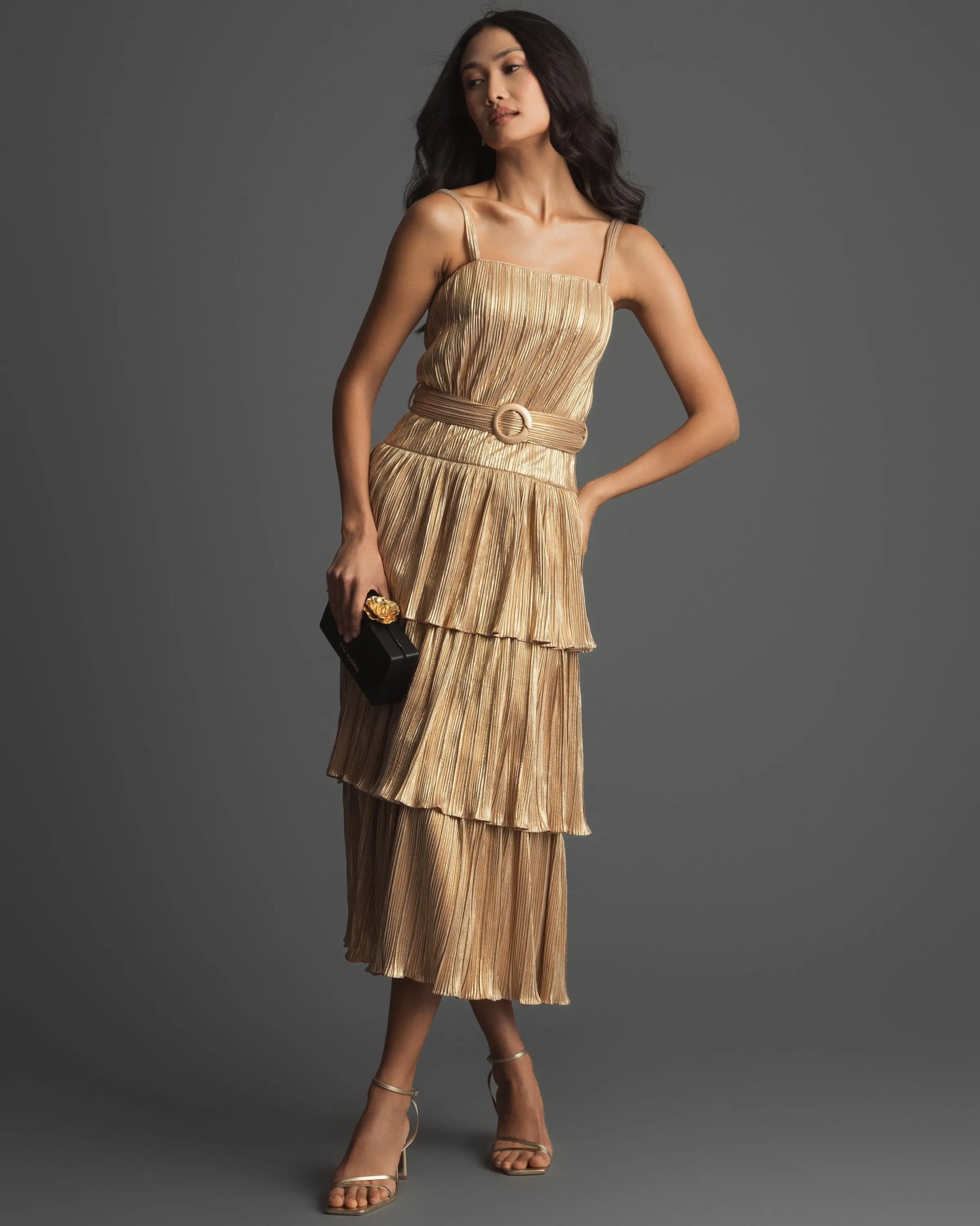 Gold Ruffle Tiered Buckle Detail Dress - Mac Duggal Gold Ruffle Tiered Buckle Detail Dress - Mac Duggal