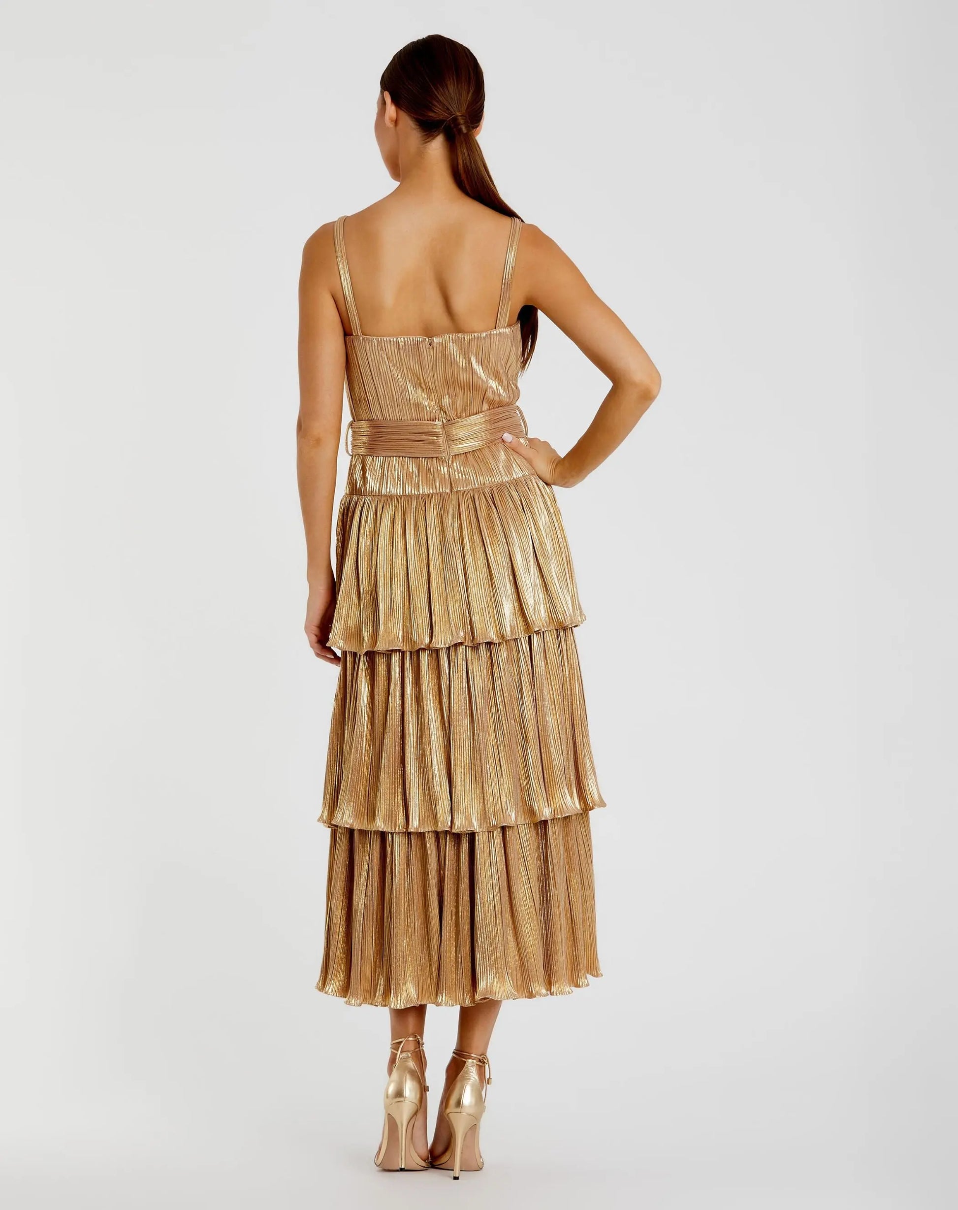 Gold Ruffle Tiered Buckle Detail Dress - Mac Duggal Gold Ruffle Tiered Buckle Detail Dress - Mac Duggal