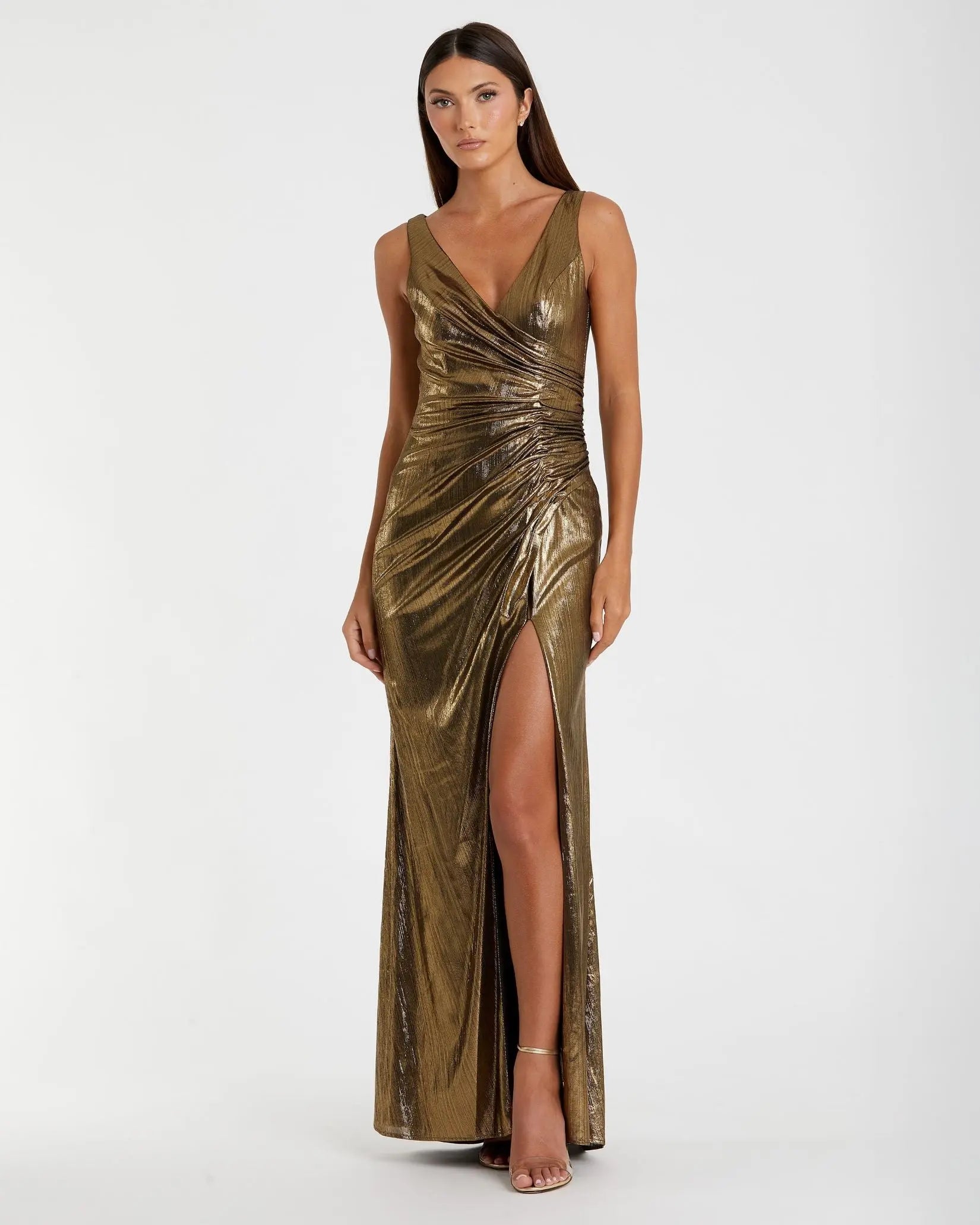 Gold Metallic Ruched Front Slip V-Neck Gown - Mac Duggal