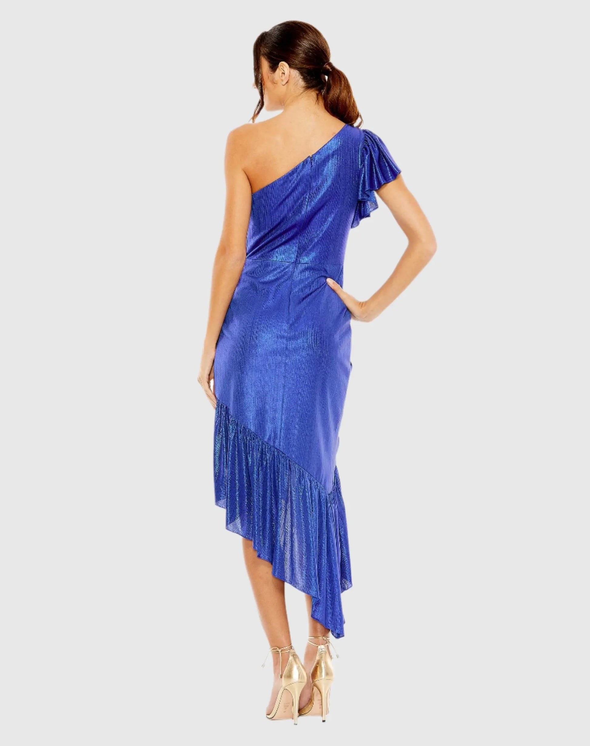 Blue One Shoulder Flutter Sleeve High Low Dress | Mac Duggal Blue One Shoulder Flutter Sleeve High Low Dress | Mac Duggal