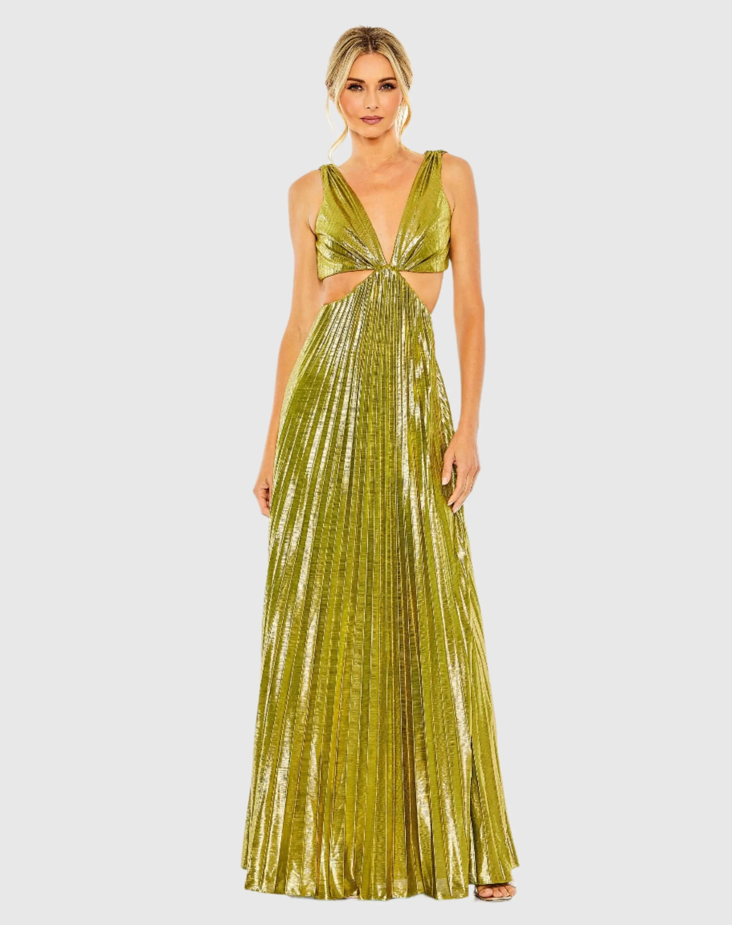 Green Pleated Metallic Cutout Gown - Ieena for Mac Duggal