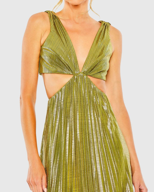 Pleated Metallic Cutout Gown