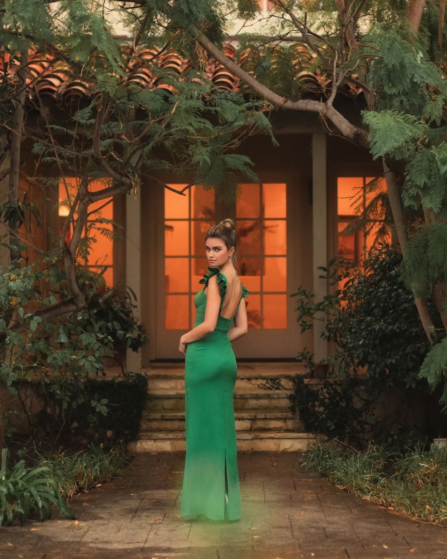 Green Ruffle Cap Sleeve Open Back Column Gown - Ieena for Mac Duggal