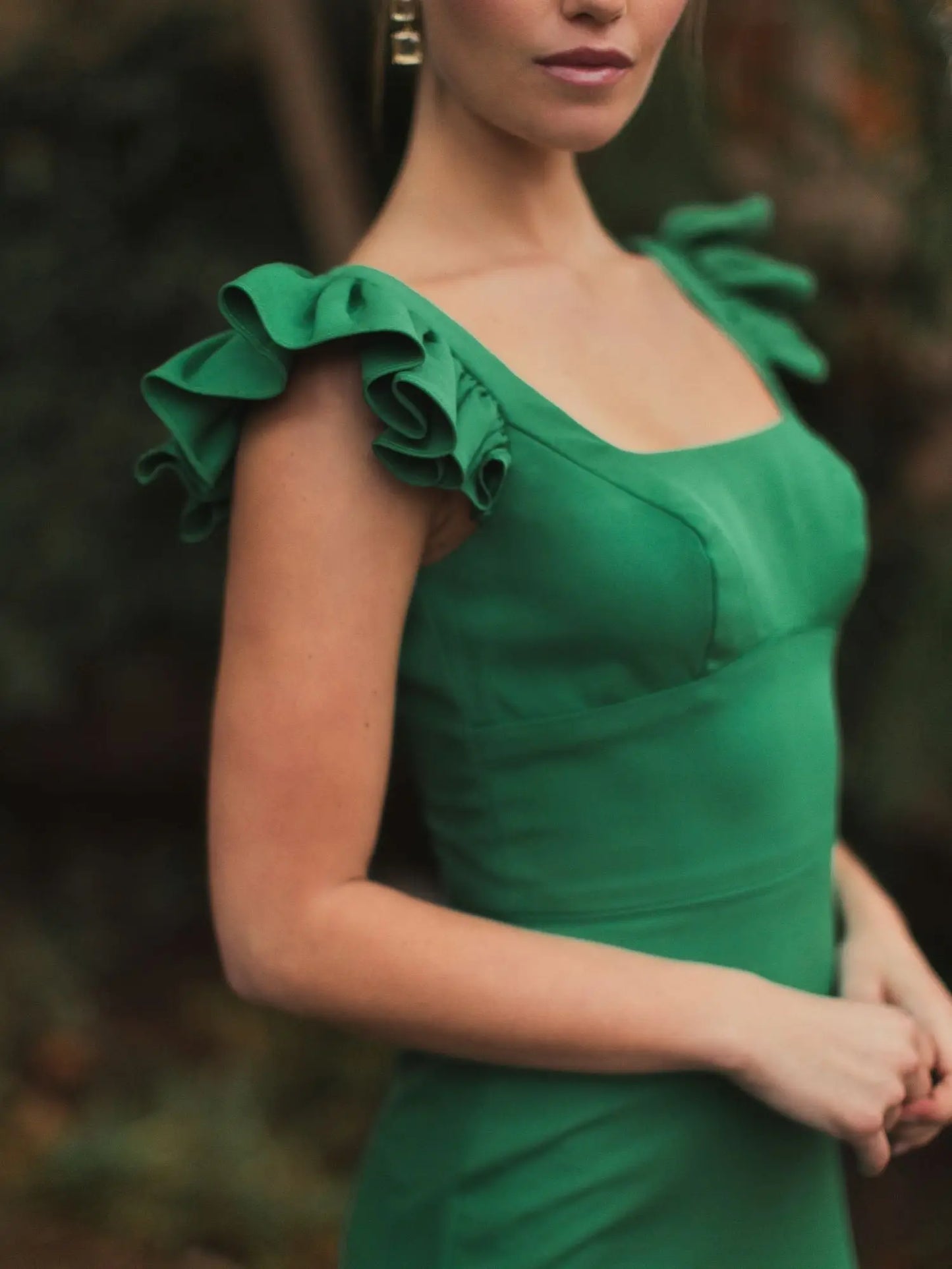 Green Ruffle Cap Sleeve Open Back Column Gown - Ieena for Mac Duggal