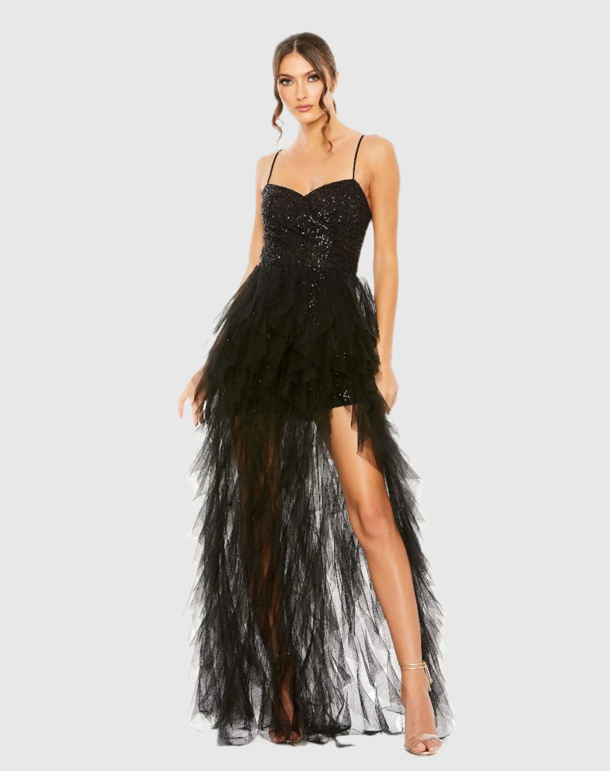 Black Sequin A-Line Dress with High-Low Ruffle Skirt Black Sequin A-Line Dress with High-Low Ruffle Skirt
