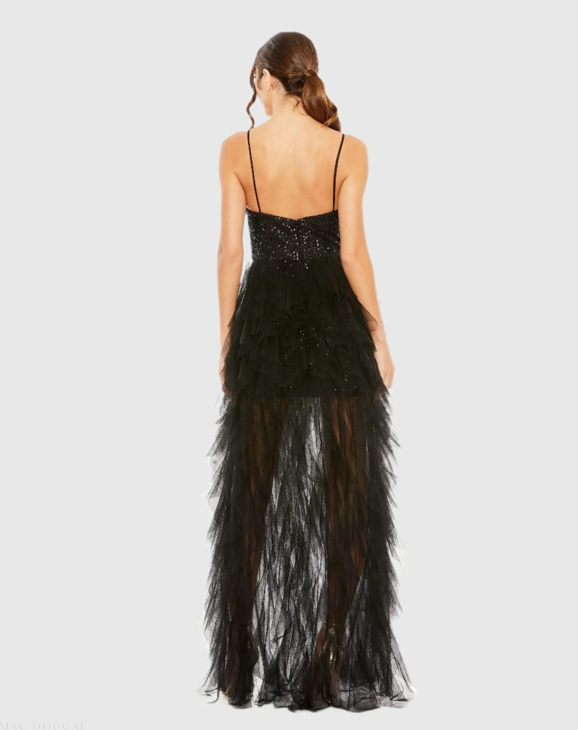 Black Sequin A-Line Dress with High-Low Ruffle Skirt | Mac Duggal Black Sequin A-Line Dress with High-Low Ruffle Skirt | Mac Duggal
