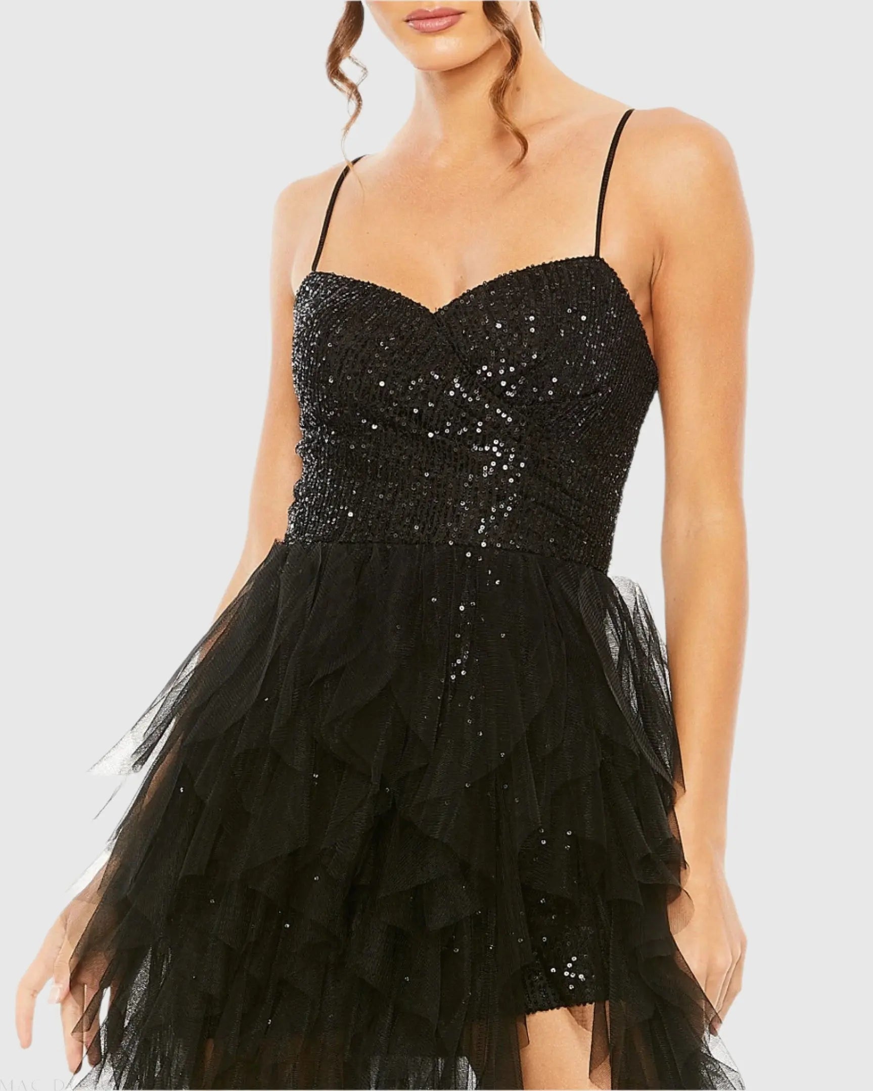 Black Sequin A-Line Dress with High-Low Ruffle Skirt Ieena for Mac Duggal