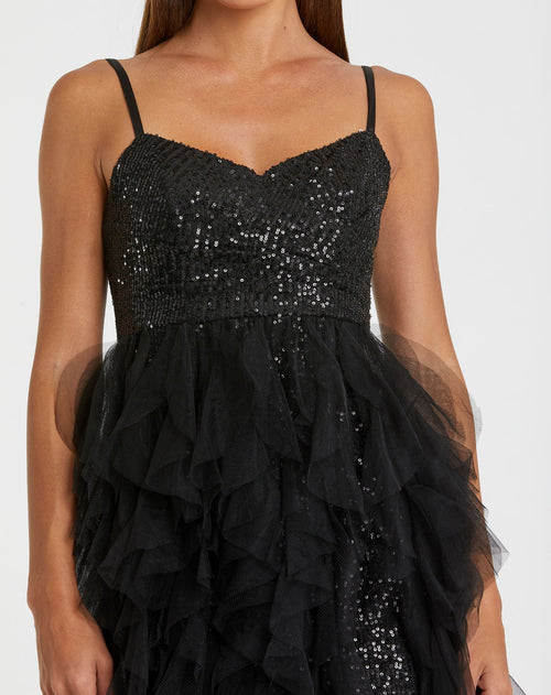 Sequin Mini with High Low Ruffle Tiered Train