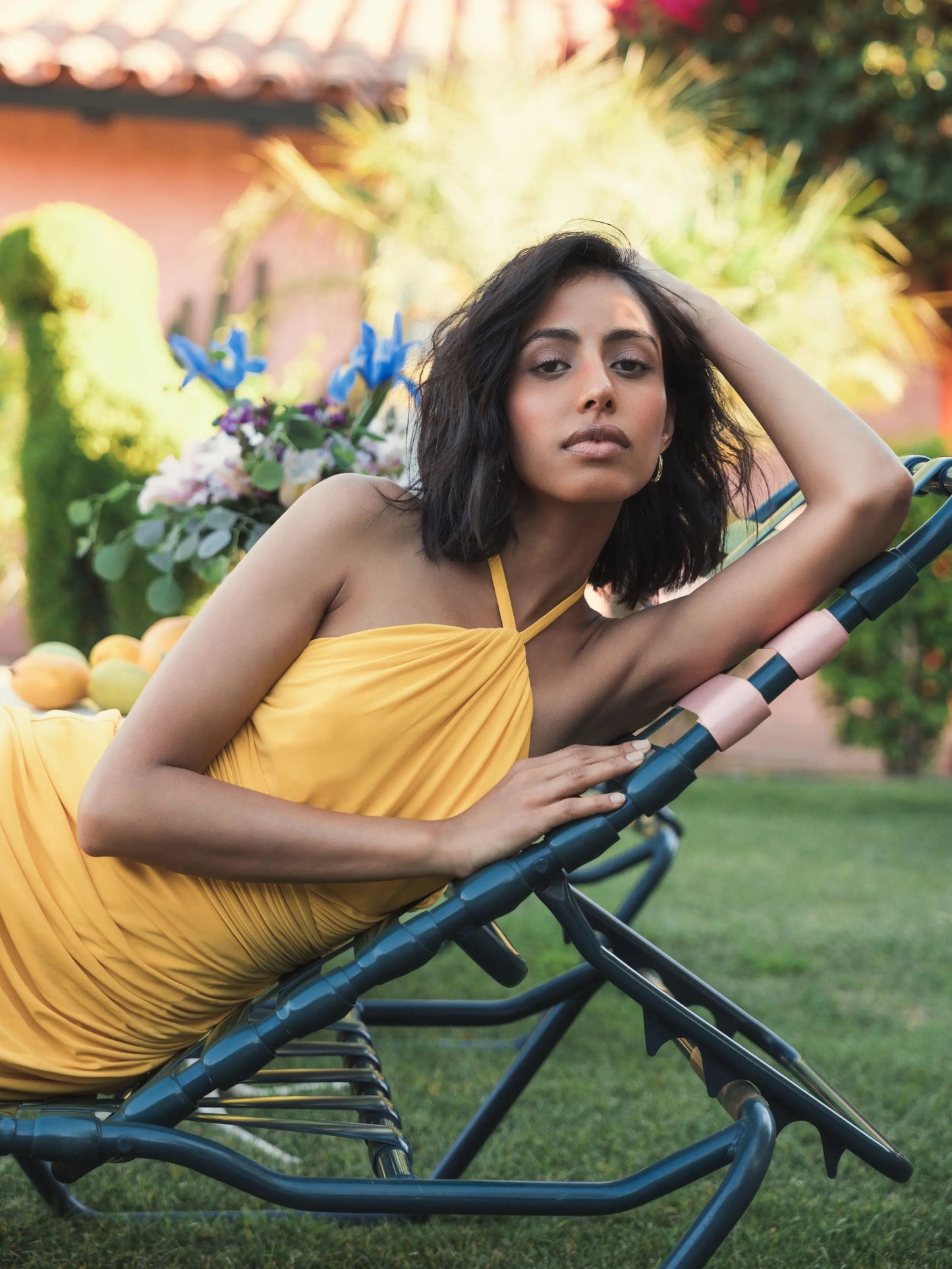 Yellow Halter Neck Ruched Side Front Slit Gown - Mac Duggal