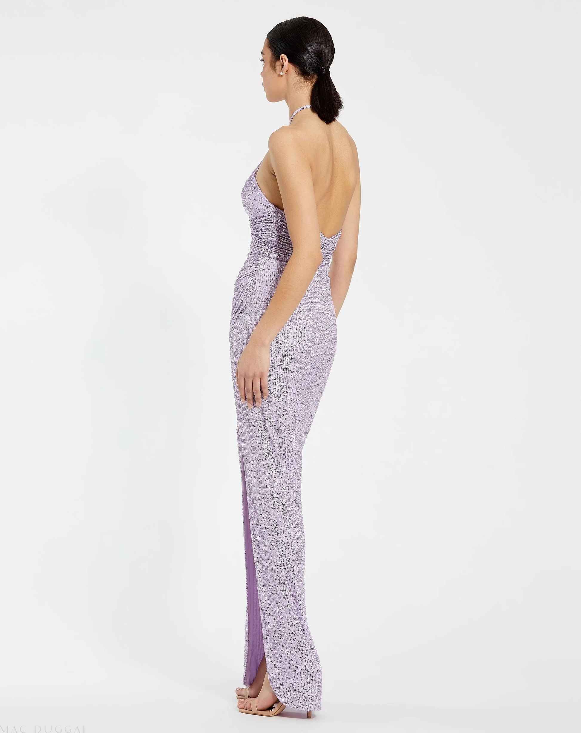 Purple One Shoulder Ruched Side Front Slit Sequin Gown - Mac Duggal