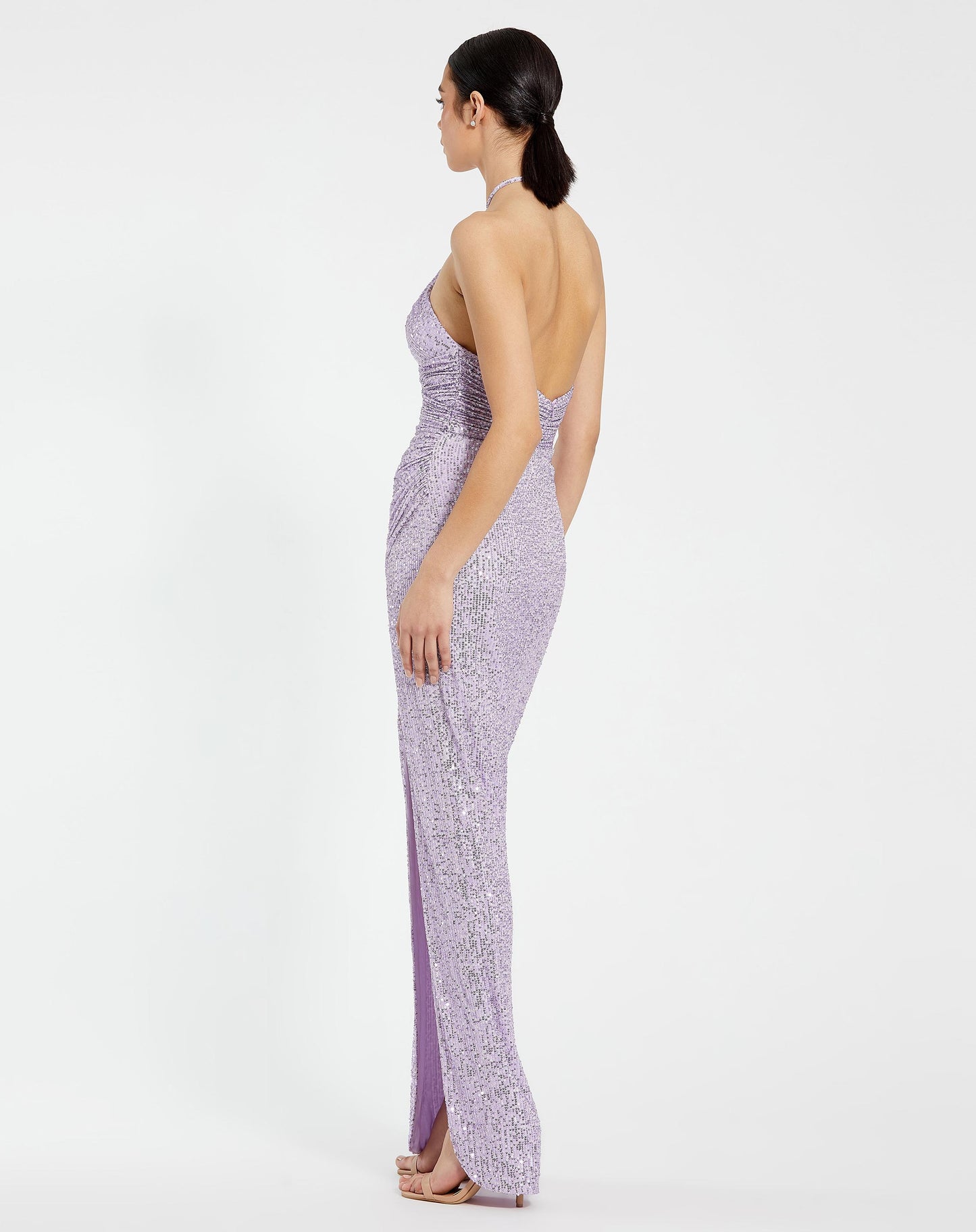 One Shoulder Ruched Side Front Slit Sequin Gown