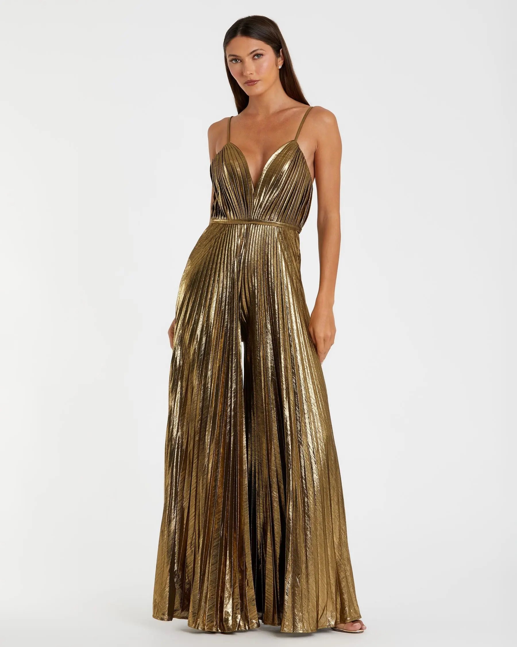 Gold Metallic Pleated V-Neck Jumpsuit - Ieena for Mac Duggal