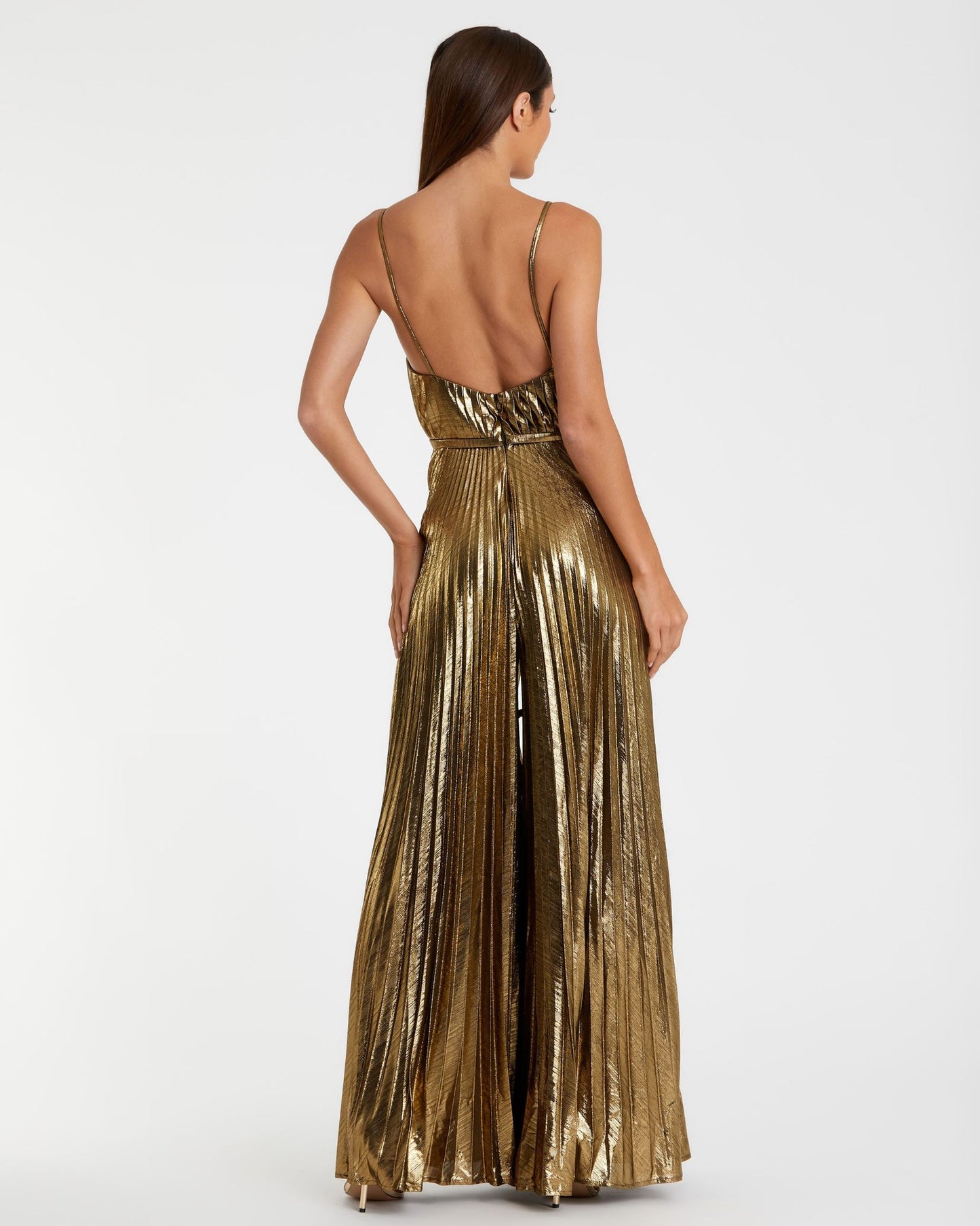 Metallic Pleated V-Neck Jumpsuit