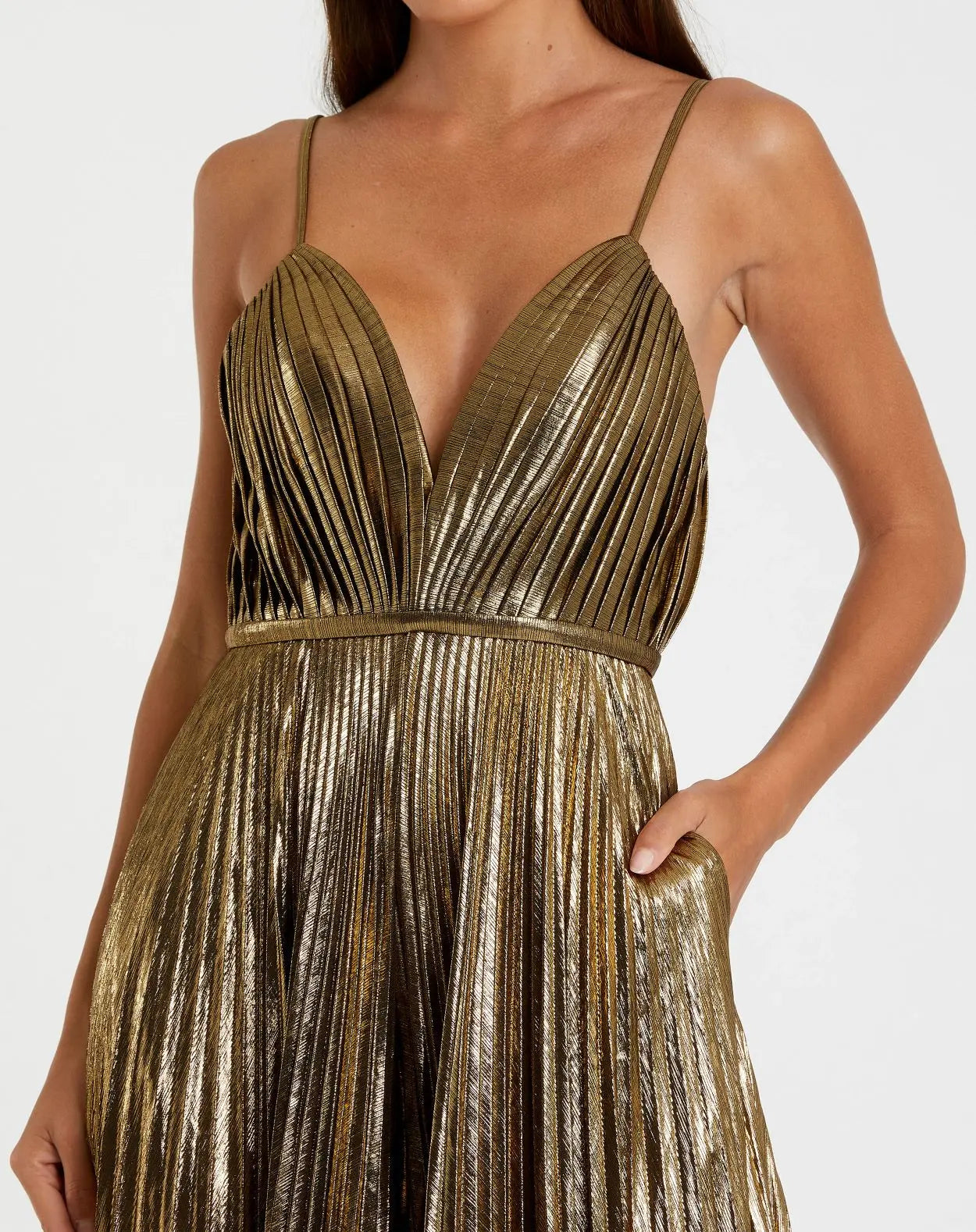 Gold Metallic Pleated V-Neck Jumpsuit - Ieena for Mac Duggal