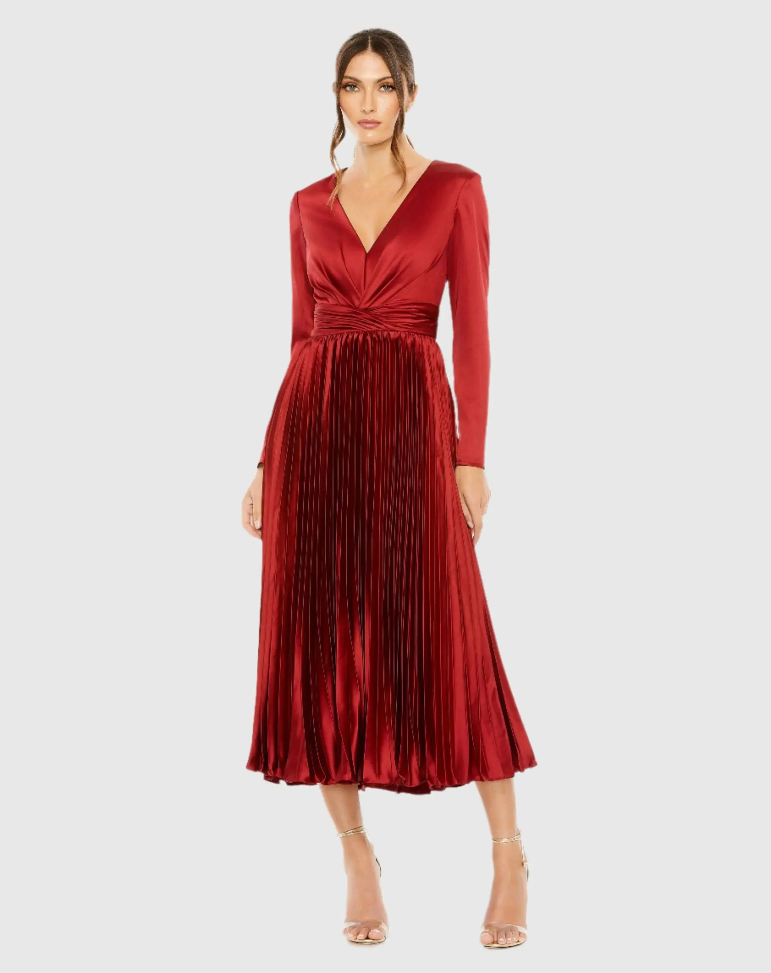 Red Pleated Long Sleeve V-Neck Dress