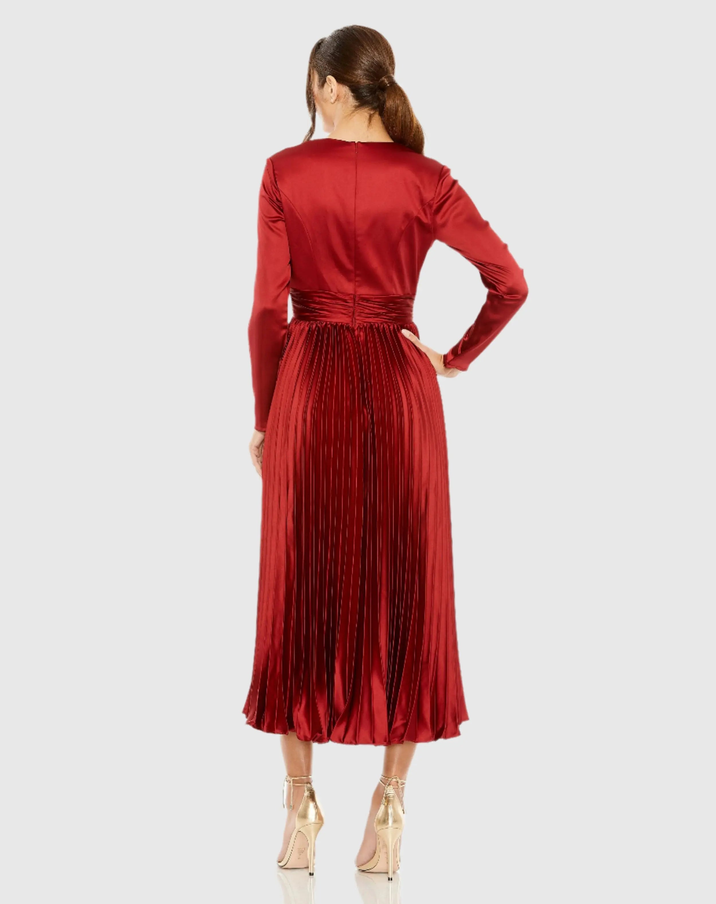 Red Pleated Long Sleeve V-Neck Dress - Mac Duggal
