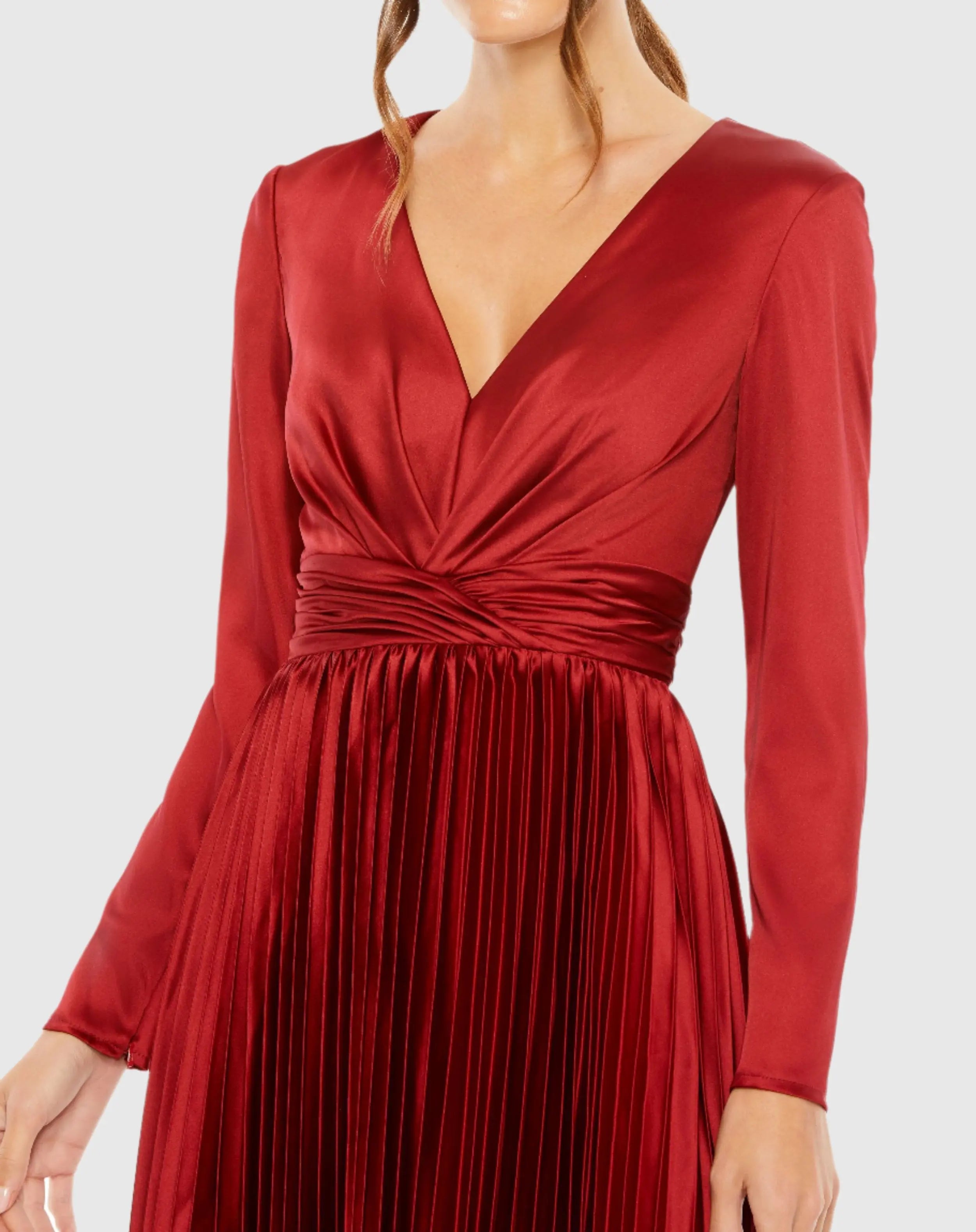 Red Pleated Long Sleeve V-Neck Dress - Mac Duggal