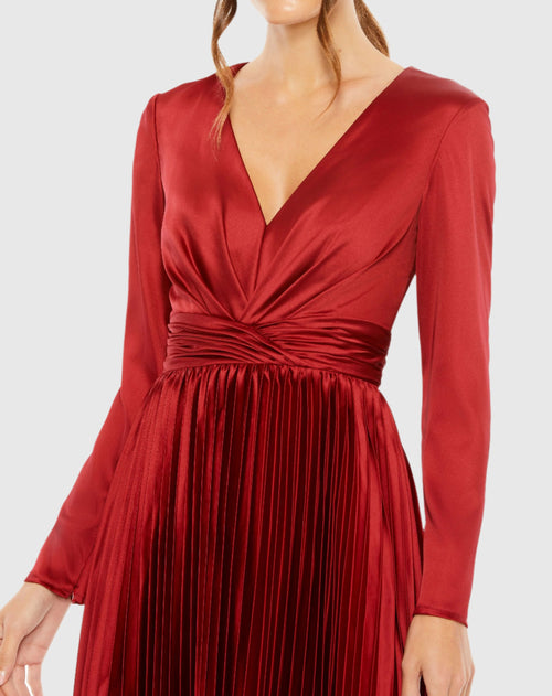 Pleated Long Sleeve V-Neck Dress