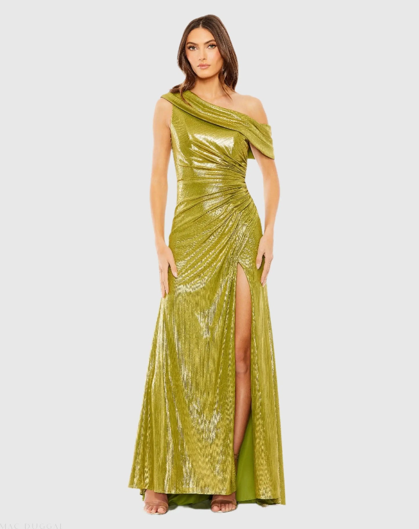 Green Off The Shoulder Ruched Waist Slit Metallic Gown - Ieena for Mac Duggal