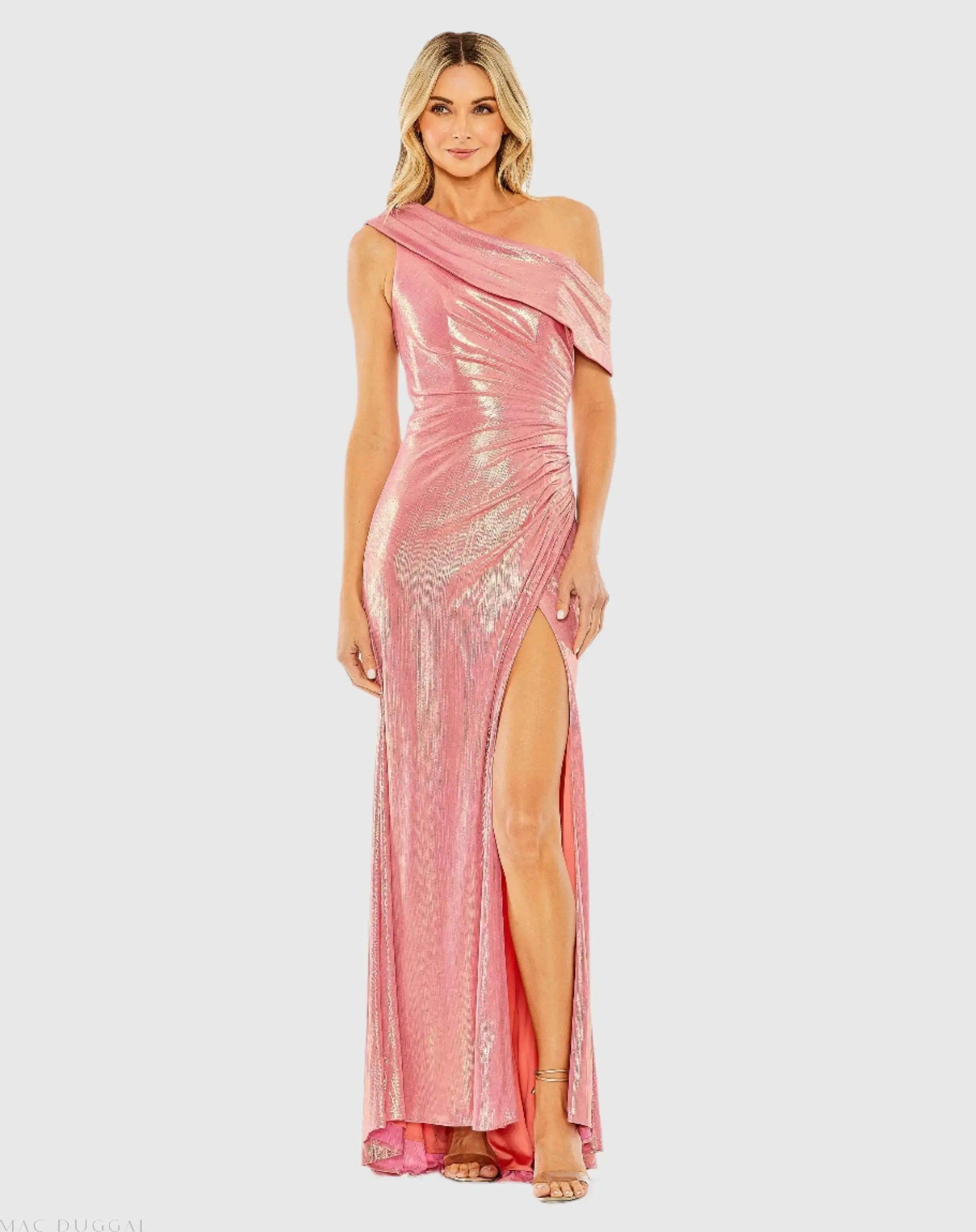 Pink Off The Shoulder Ruched Waist Slit Metallic Gown - Ieena for Mac Duggal