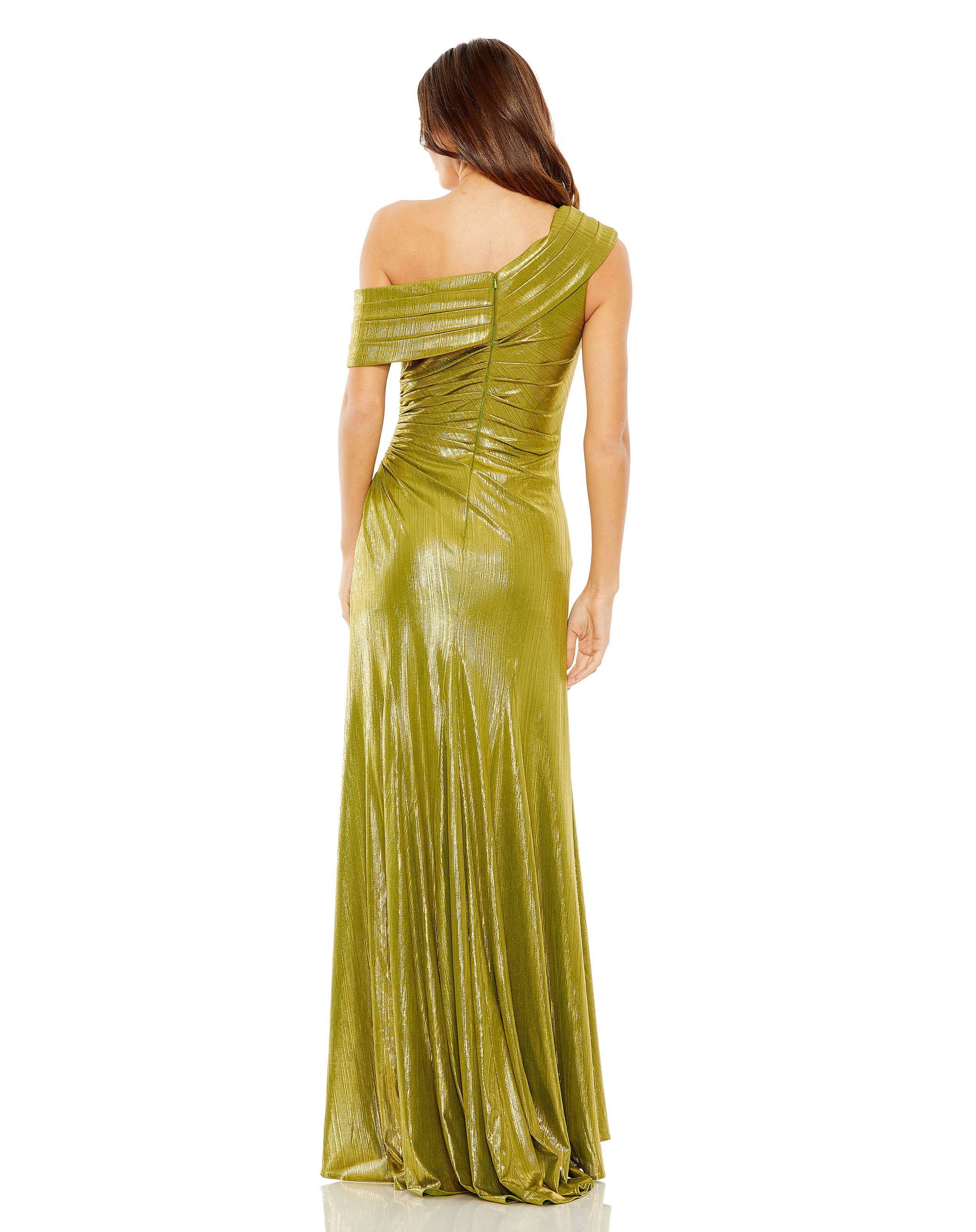 Off The Shoulder Ruched Waist Slit Metallic Gown