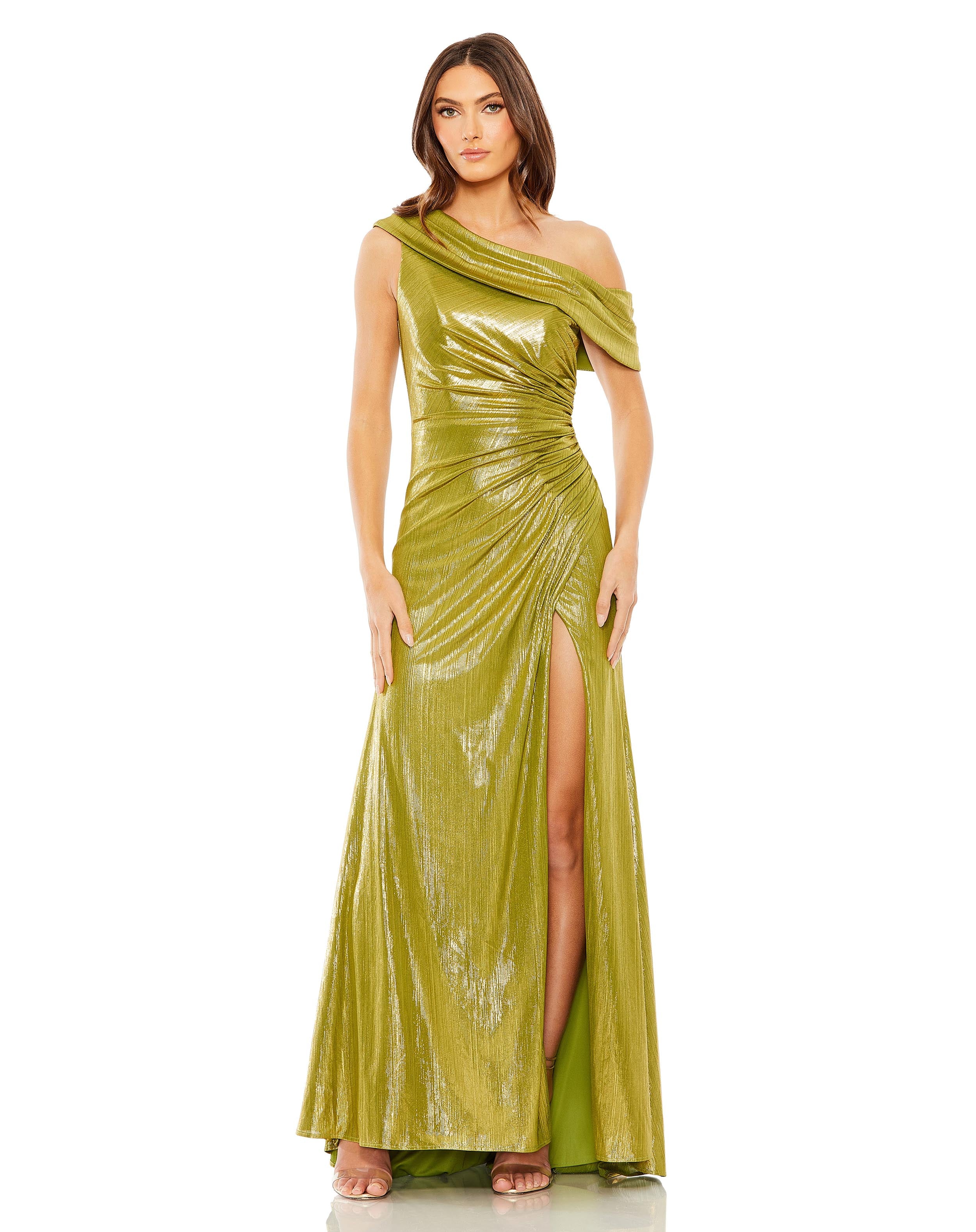 Off The Shoulder Ruched Waist Slit Metallic Gown