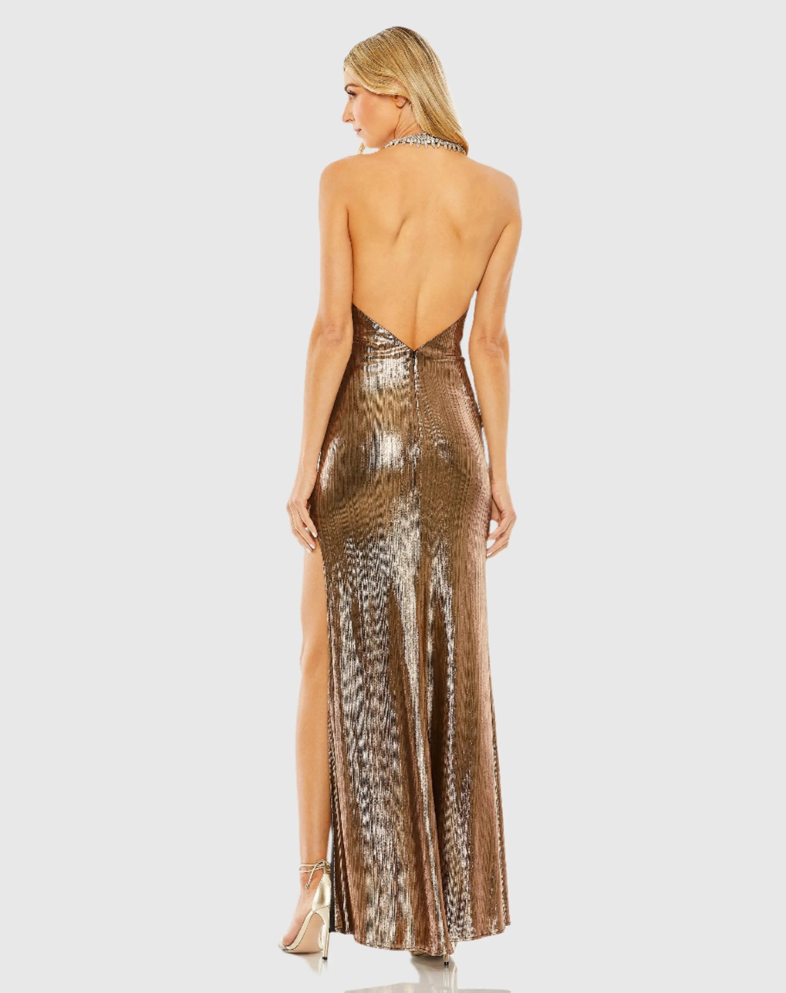 Gold High Neck Crystal Detail Metallic Slit Gown - Ieena for Mac Duggal