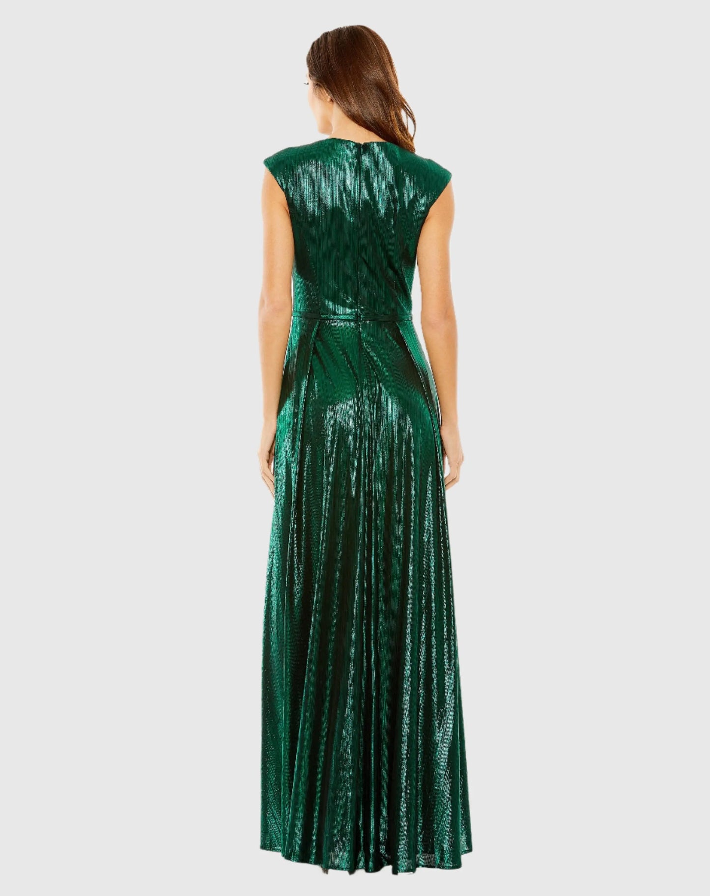 Cap Sleeve Deep V Neck High Slit Metallic Gown - Mac Duggal