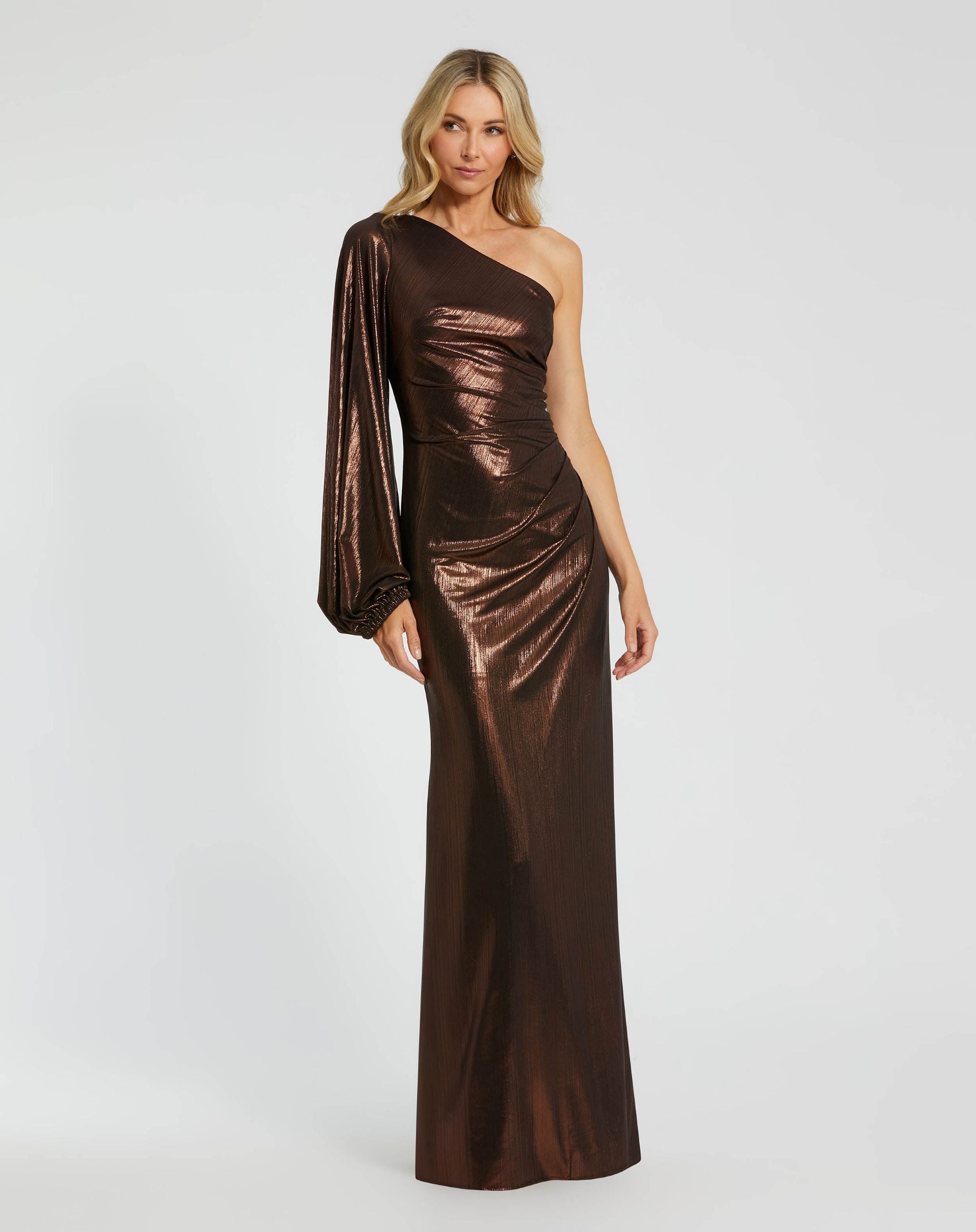 Brown One Shoulder Long Sleeve Metallic Gown - Ieena for Mac Duggal