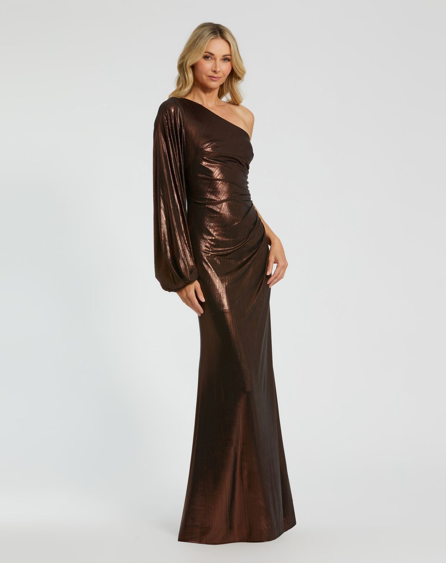 Brown One Shoulder Long Sleeve Metallic Gown - Ieena for Mac Duggal