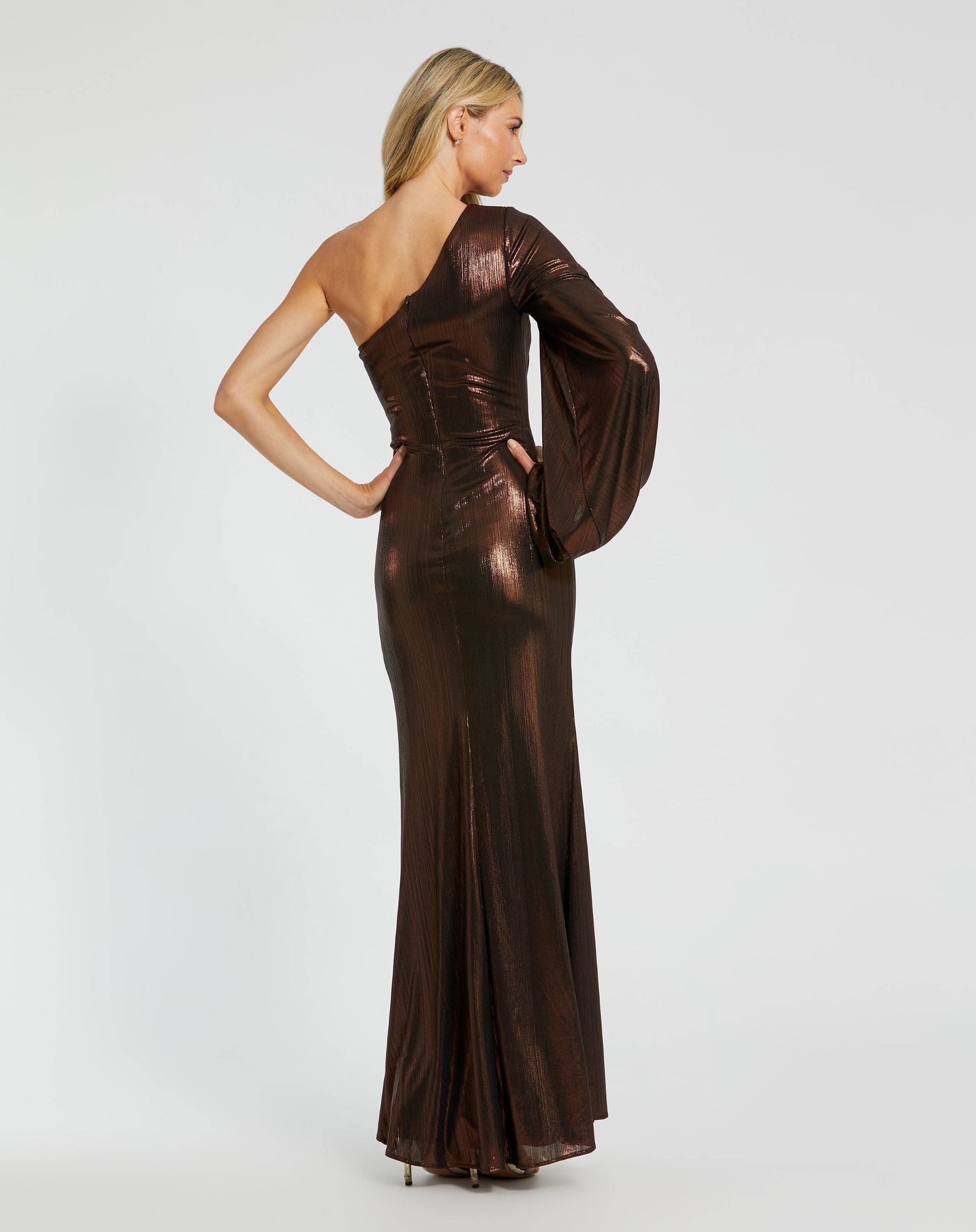 Brown One Shoulder Long Sleeve Metallic Gown - Ieena for Mac Duggal