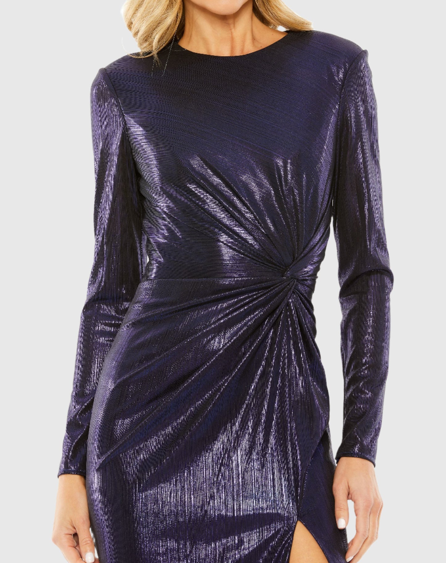 Long Sleeve Knot Detail Slit Metallic Dress