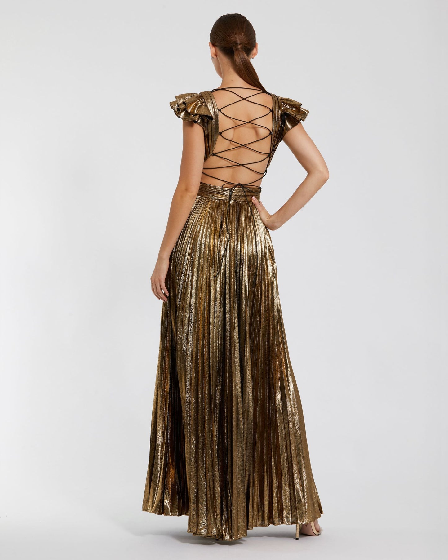 Ruffle Sleeve Cutout Pleated Metallic Gown