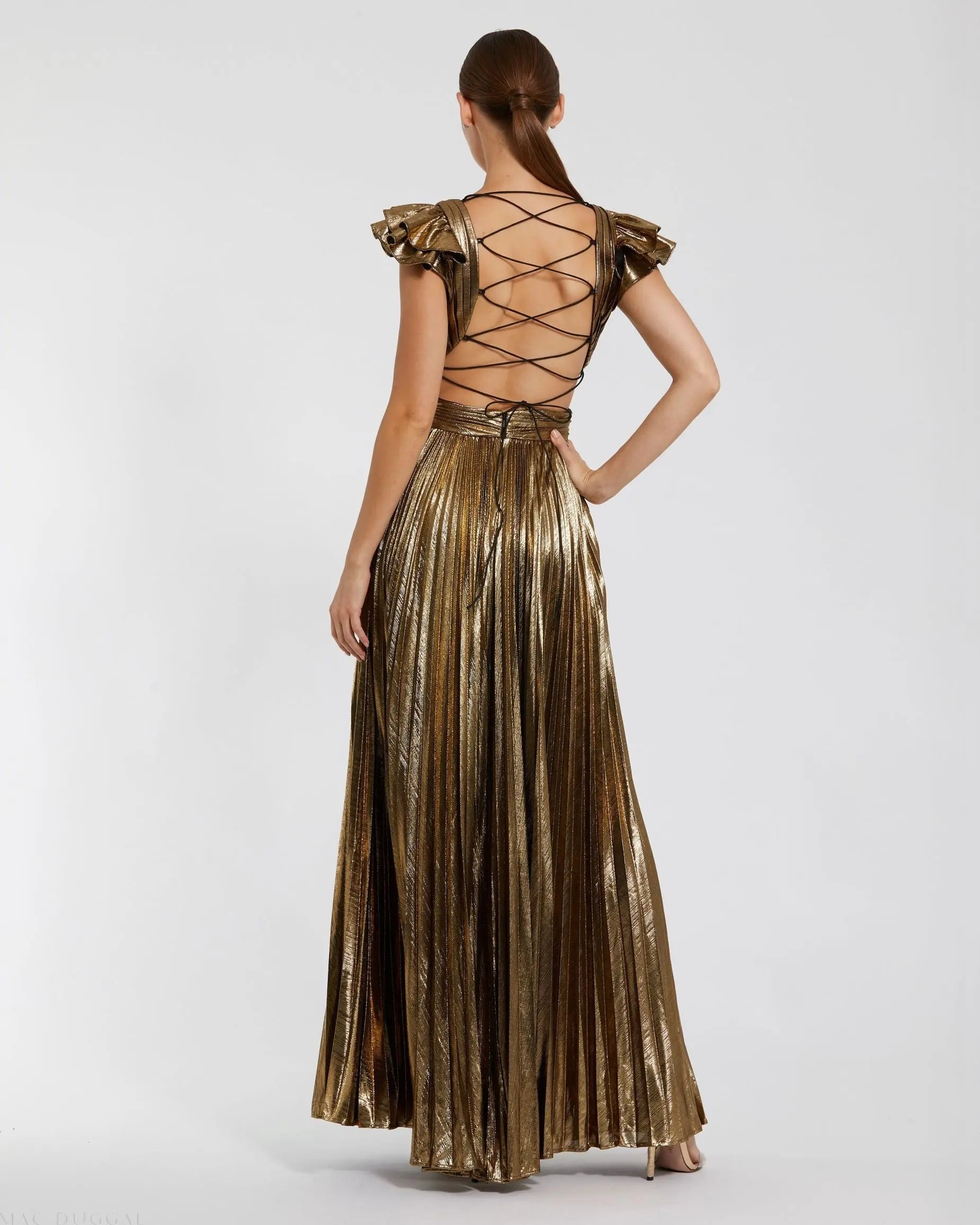 Gold Ruffle Sleeve Cutout Pleated Metallic Gown - Mac Duggal