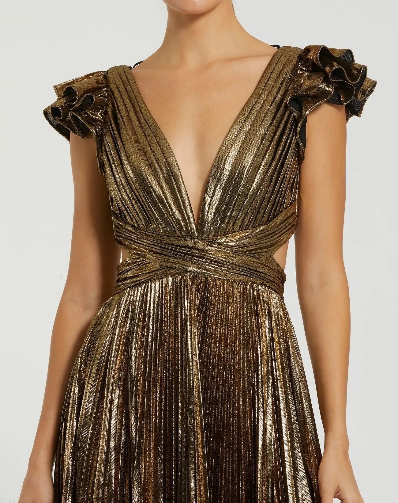 Mac Duggal Ruffle Sleeve Cutout Pleated Metallic Gown - Gold Mac Duggal Ruffle Sleeve Cutout Pleated Metallic Gown - Gold