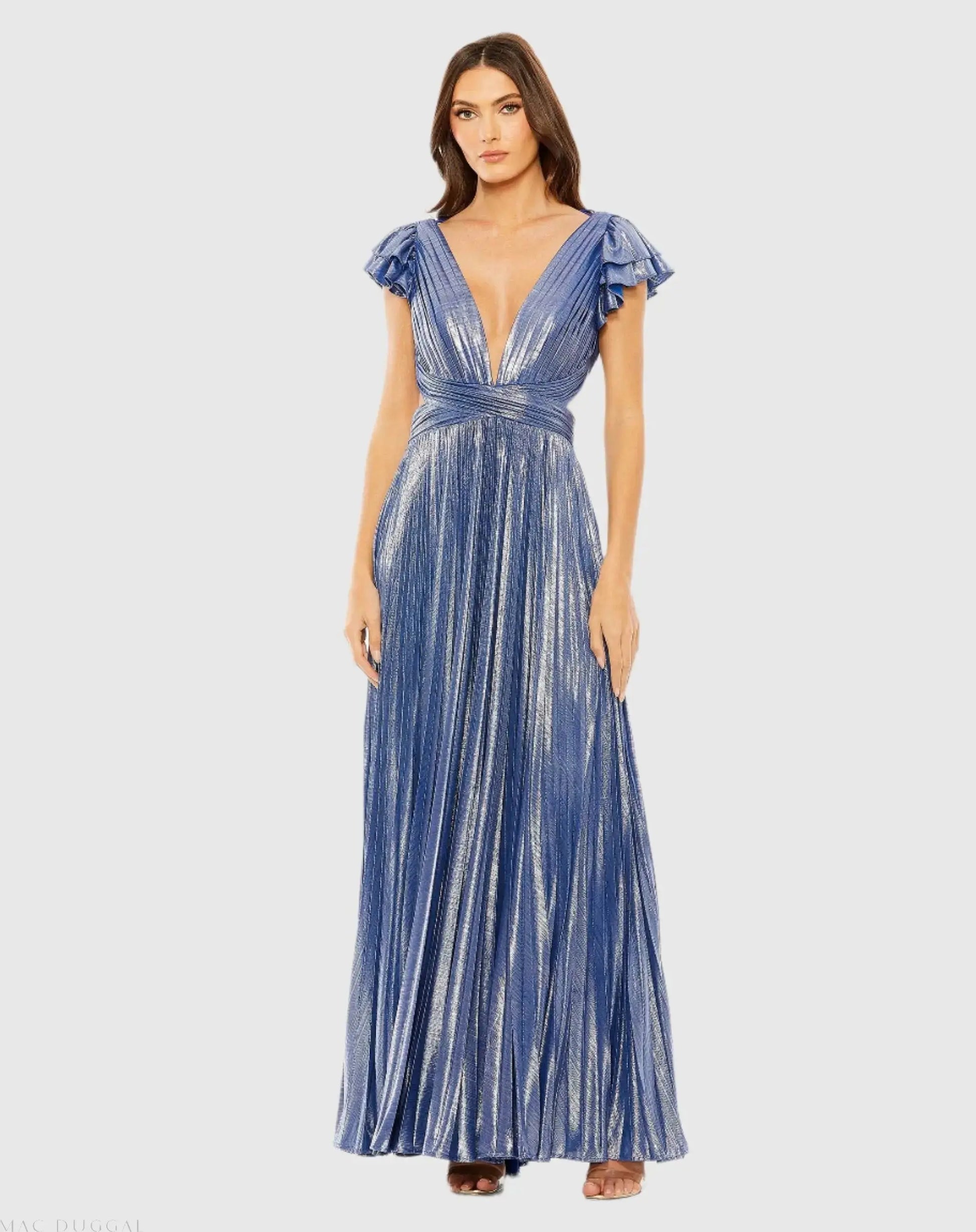 Blue Ruffle Sleeve Cutout Pleated Metallic Gown - Mac Duggal Blue Ruffle Sleeve Cutout Pleated Metallic Gown - Mac Duggal