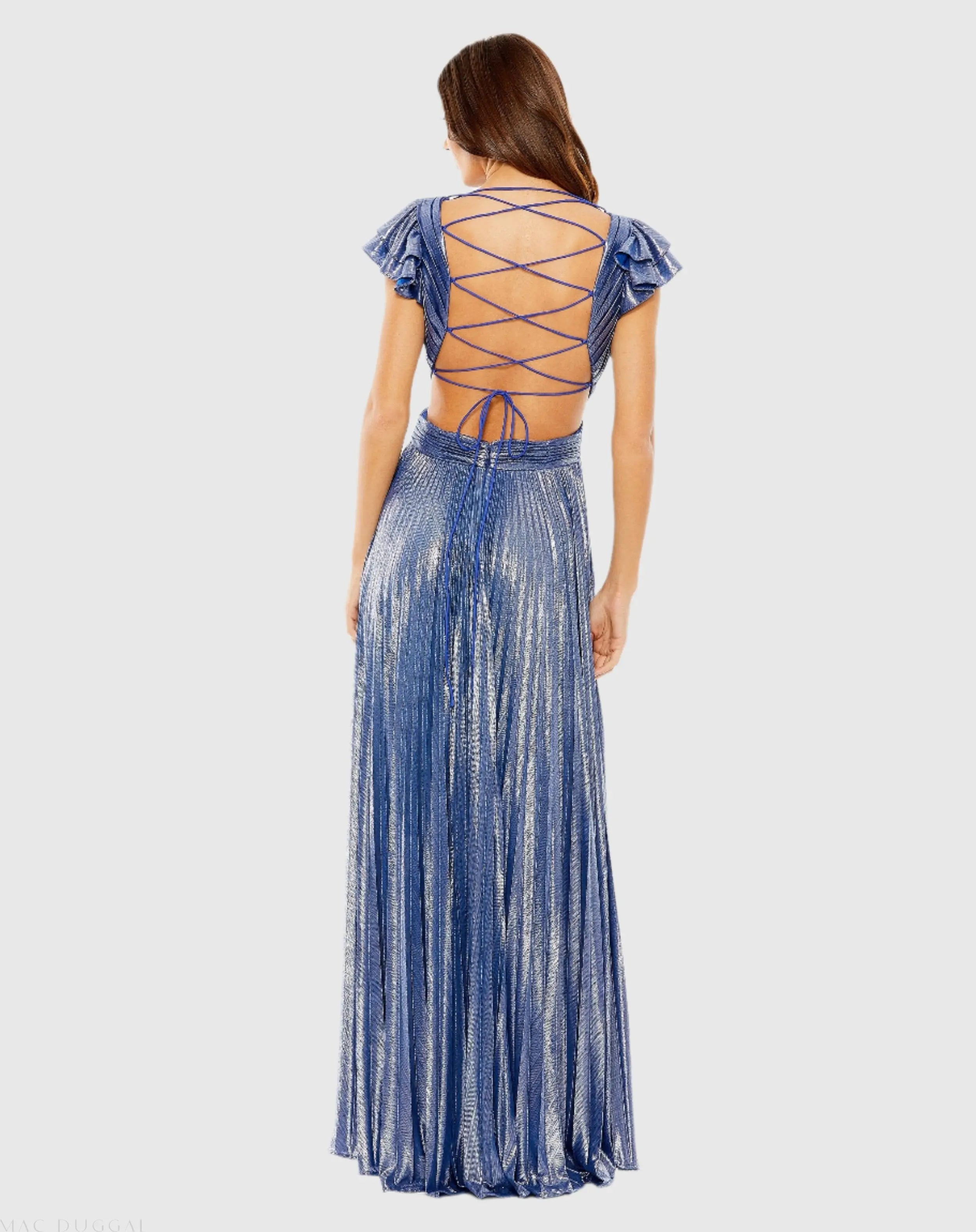 Blue Ruffle Sleeve Cutout Pleated Metallic Gown - Ieena for Mac Duggal