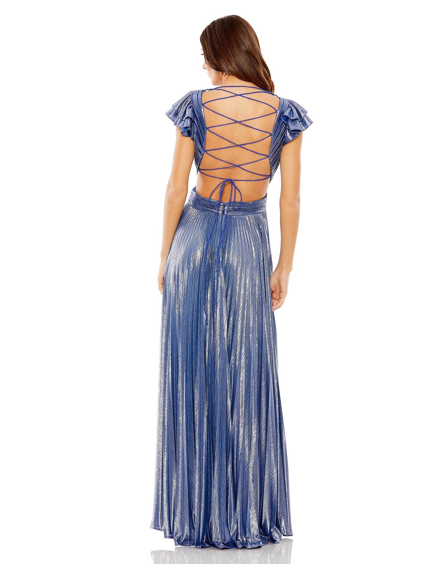 Ruffle Sleeve Cutout Pleated Metallic Gown